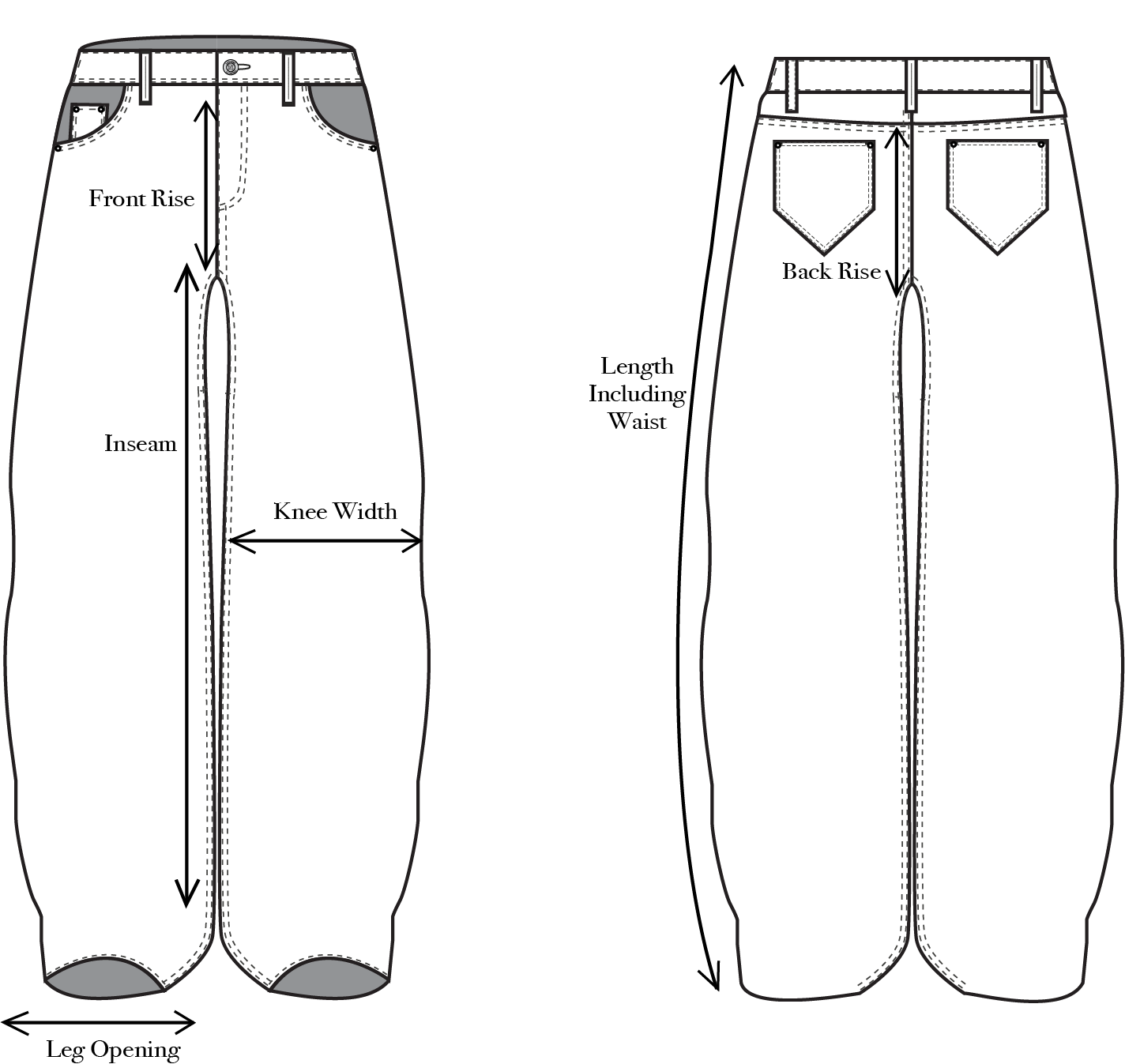 Technical drawing of pants showing front and back views with measurements for front rise, back rise, inseam, knee width, length including waist, and leg opening.