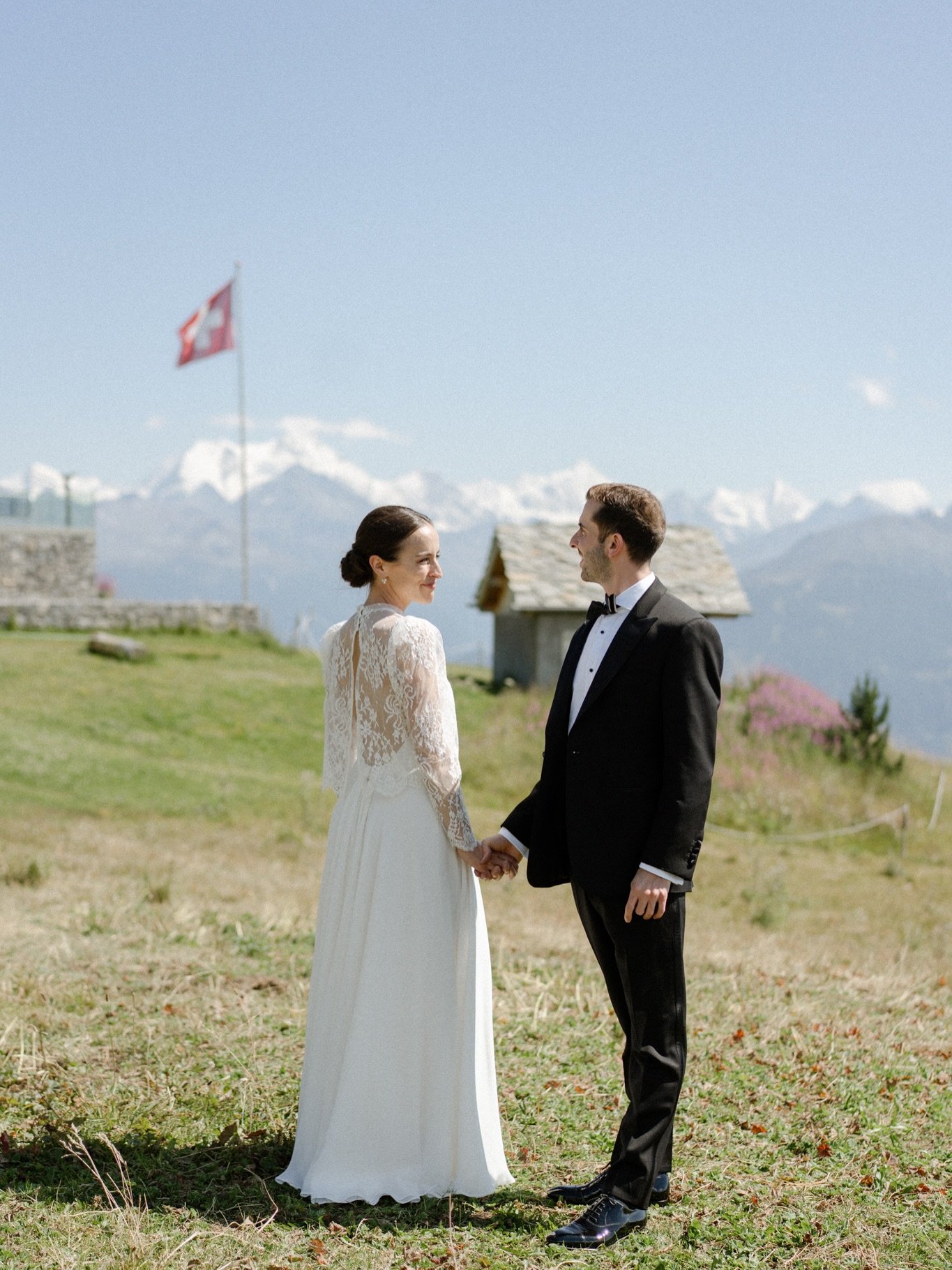 On a perfect summer day P&amp;D joyfully celebrated their marriage on top of a mountain in Switzerland. Their wedding venue @chetzeron offered stunning views and was definitely worth the planes, trains, funiculars, gondolas and 4x4s required to reach