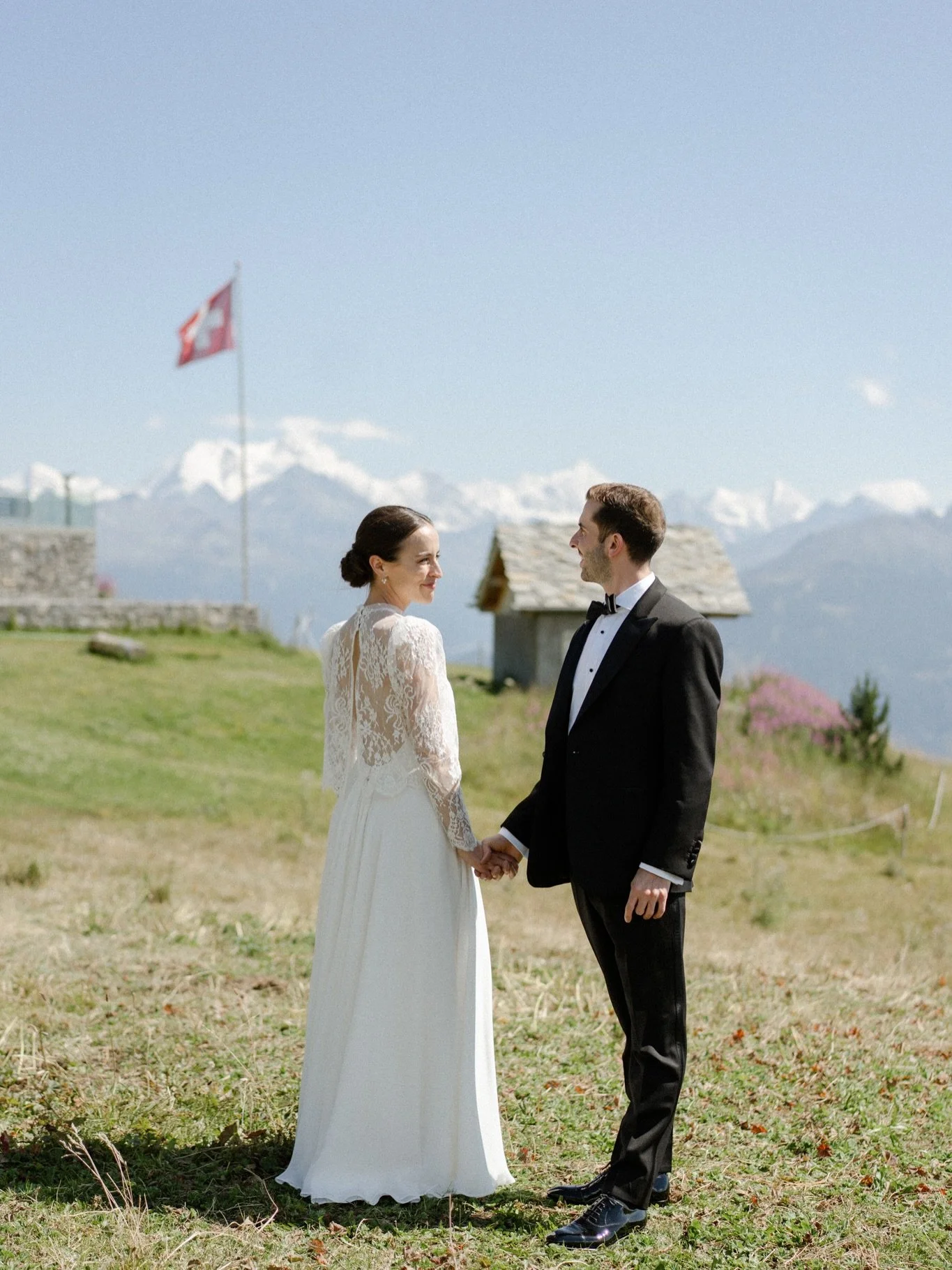 On a perfect summer day P&amp;D joyfully celebrated their marriage on top of a mountain in Switzerland. Their wedding venue @chetzeron offered stunning views and was definitely worth the planes, trains, funiculars, gondolas and 4x4s required to reach