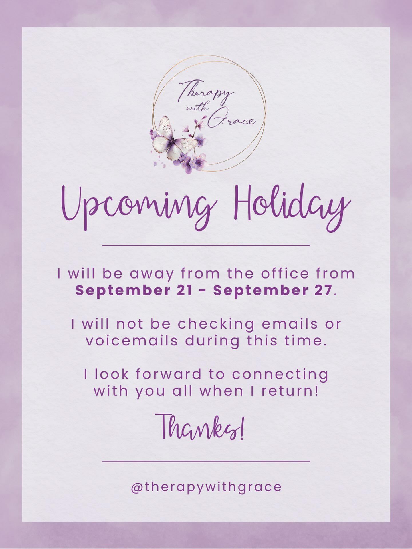 Just a little reminder to my current participants (and any prospective new participants!) that I will be out of the office next week, as I will be away on vacation. However, I still have some availability this week for sessions, so if anyone would li