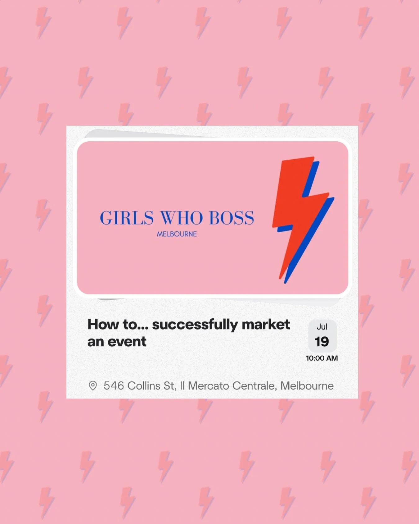 Want to learn how to successfully market events?

I&rsquo;m co-hosting a workshop with @girlswhoboss_ in Melbourne on exactly that.

It&rsquo;s a 2-hour practical session where we&rsquo;ll work through everything from writing your event&rsquo;s copy 