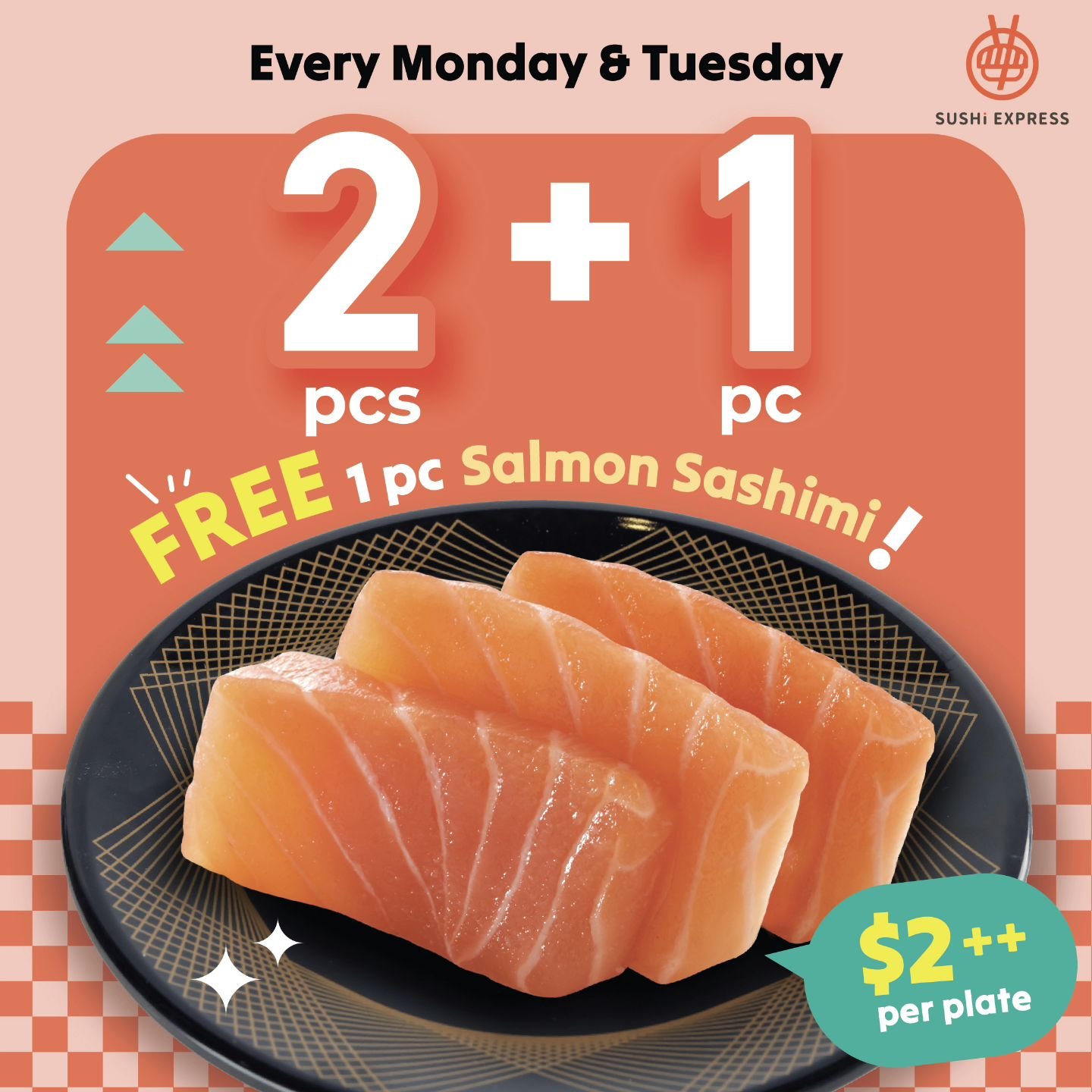 Hey sushi lovers: Enjoy 2 + 1 Free Piece Salmon Sashimi! 🍣 😱🥰

Get 1 extra piece of salmon sashimi for FREE on top of the usual 2 pieces ($2++/plate of 3 pc salmon sashimi). Terms and conditions do apply. 🐟 

So hurry down to Sushi Express! Promo
