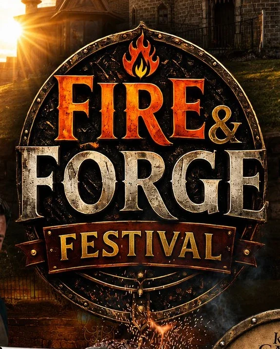 Sign for the Fire & Forge Festival with fire and forge motifs, set against an outdoor background with the sun shining.