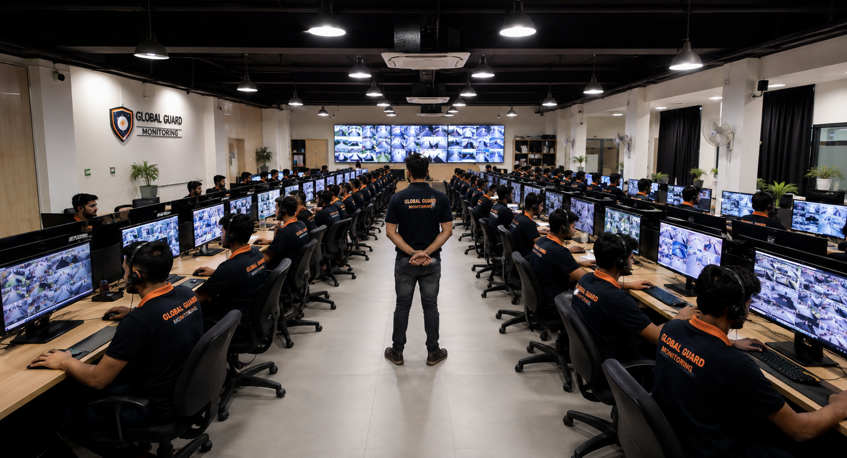 Multiple people working at computer stations in a large surveillance monitoring room with screens displaying security footage, and a worker standing in the center with 'Global Guard Monitoring' shirts.