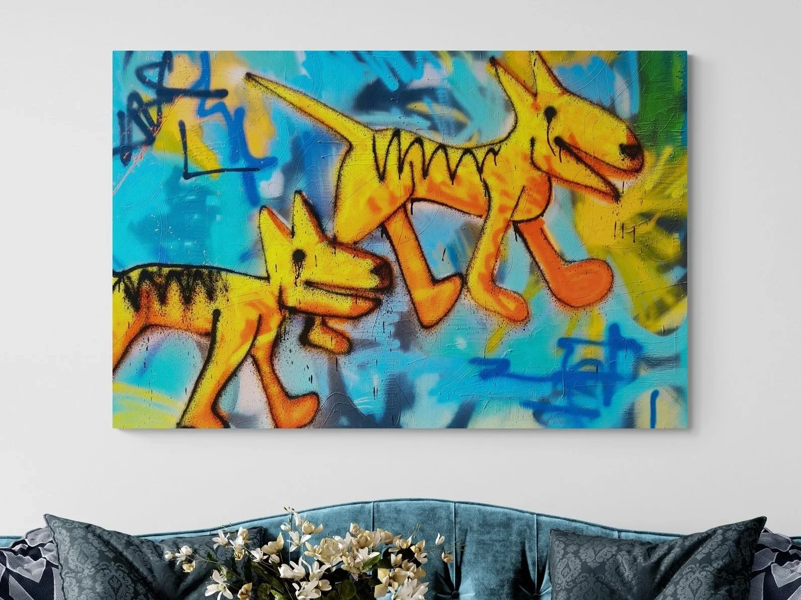 Colorful abstract painting of two orange and yellow dogs with black outlines on a blue and green background. Painted by Daniel Kotynia.