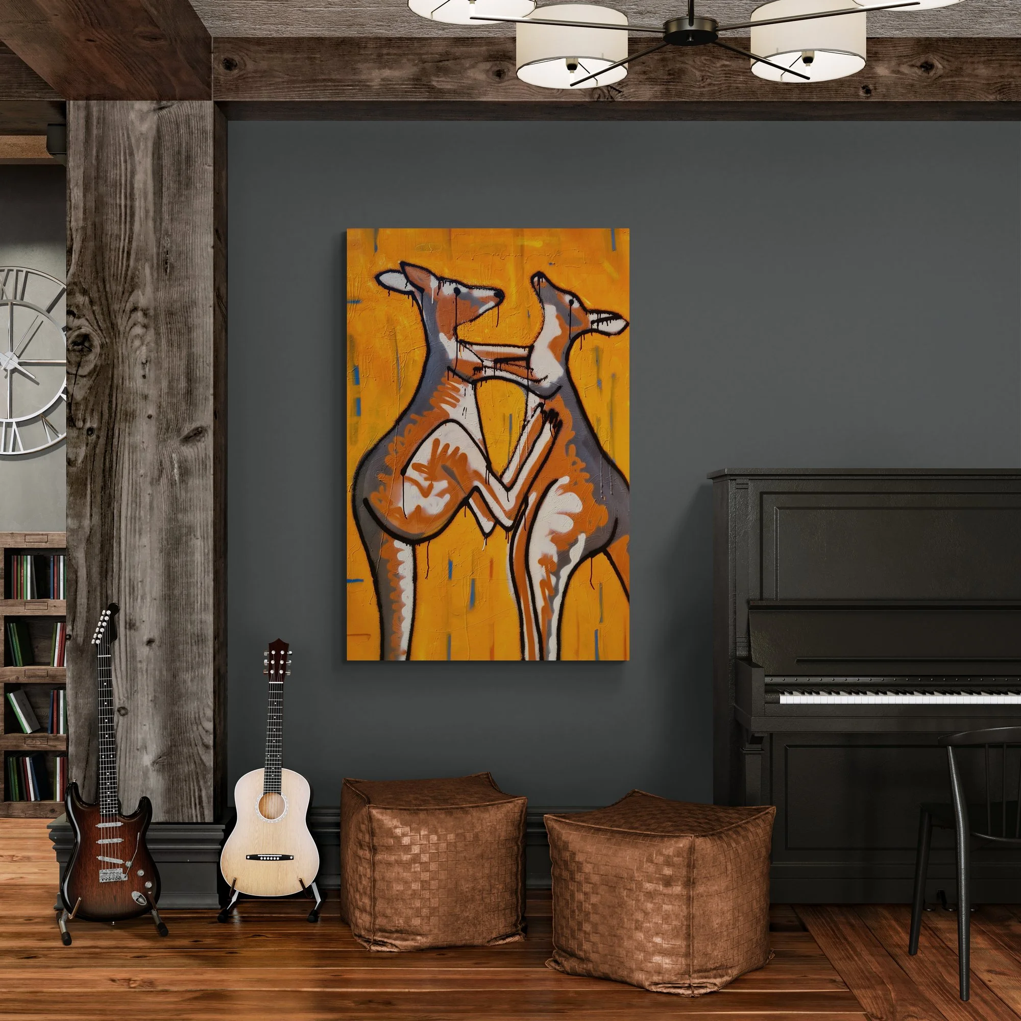 Daniel Kotynia Artwork. A contemporary painting of two large kangaroos painted by famed artist Daniel Kotynia. The artwork is bright and modern.