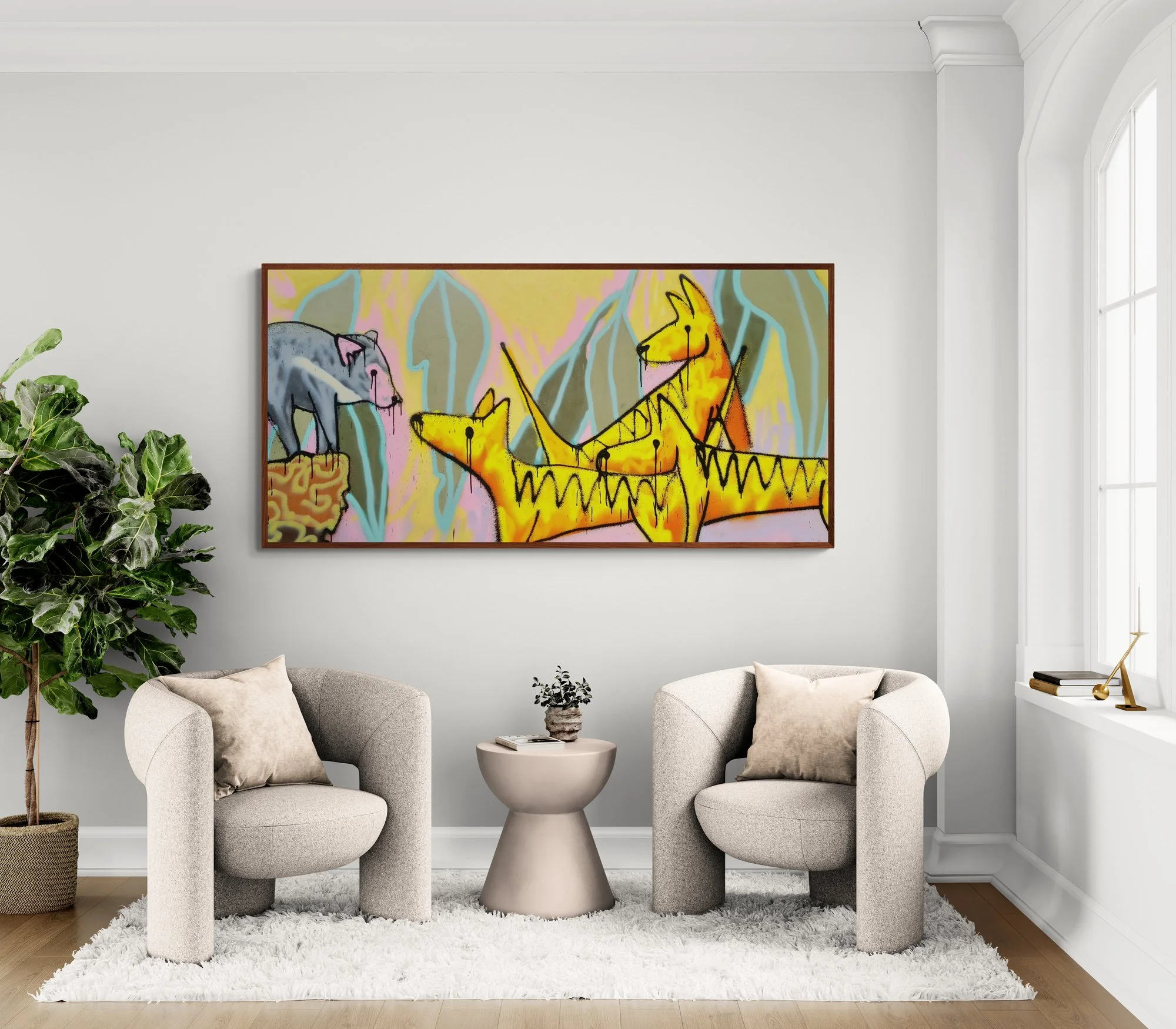 A modern art painting by Launceston Artist Daniel Kotynia. A Tasmanian Devil Meets three Thylacine.