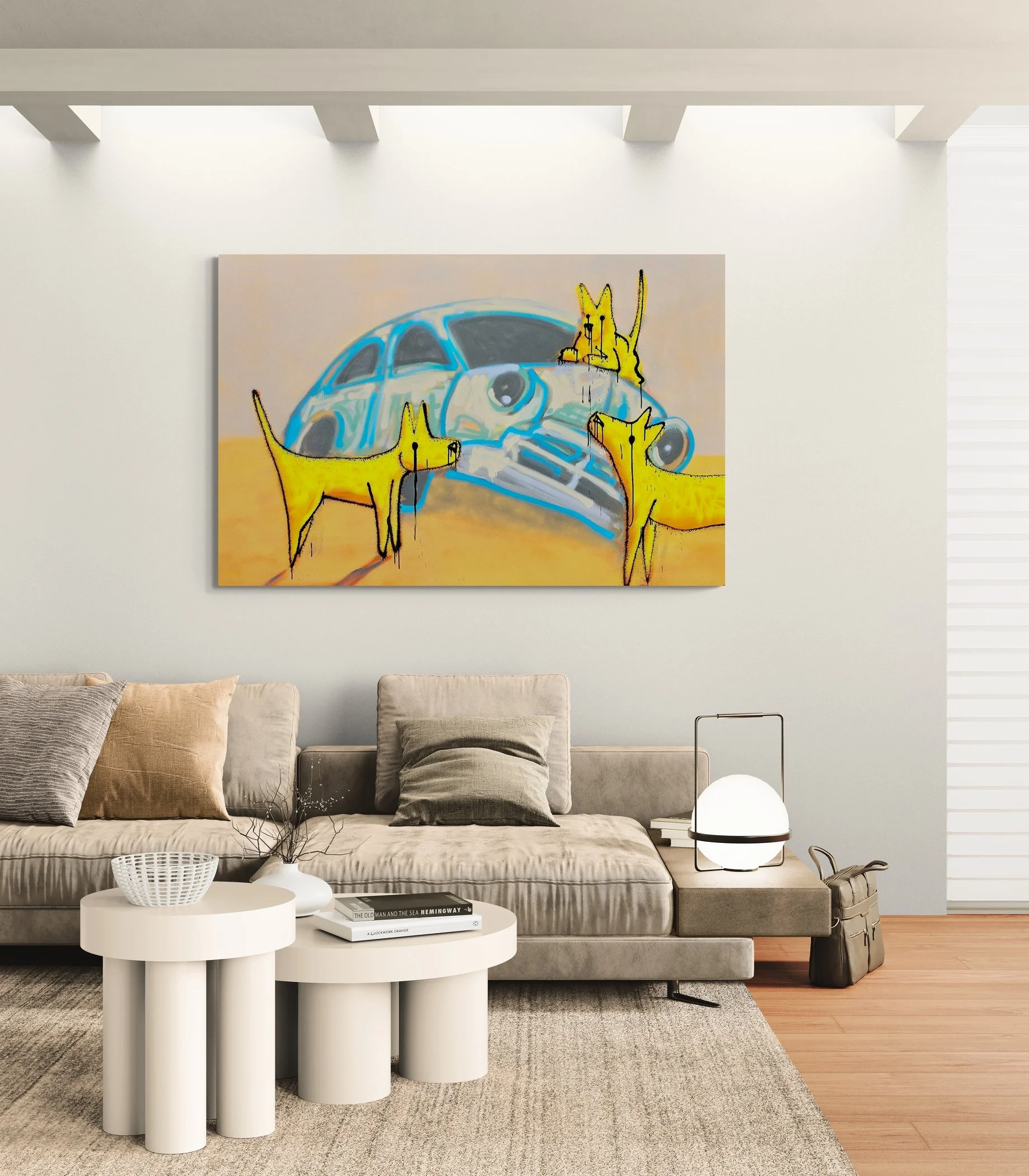 Living room with beige sof, pillows, white round coffee tables, a gray and beige rug, a wall art of a colorful abstract car with three yellow dogs, and a modern lamp and bag on the side