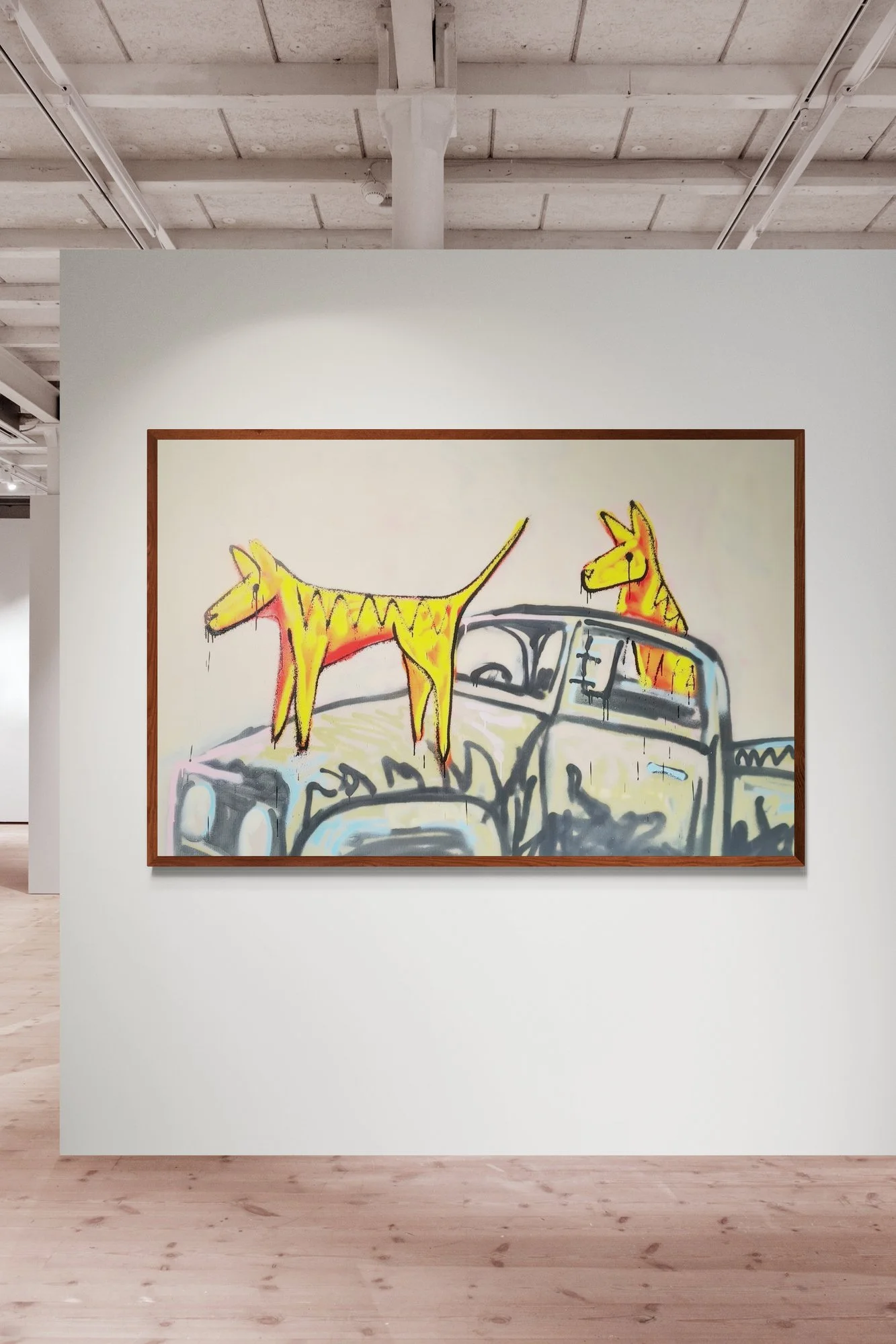 A painting by Daniel Kotynia. Two Tasmanian Tigers play on top of a rustic ute. The painting is painted streetstyle.