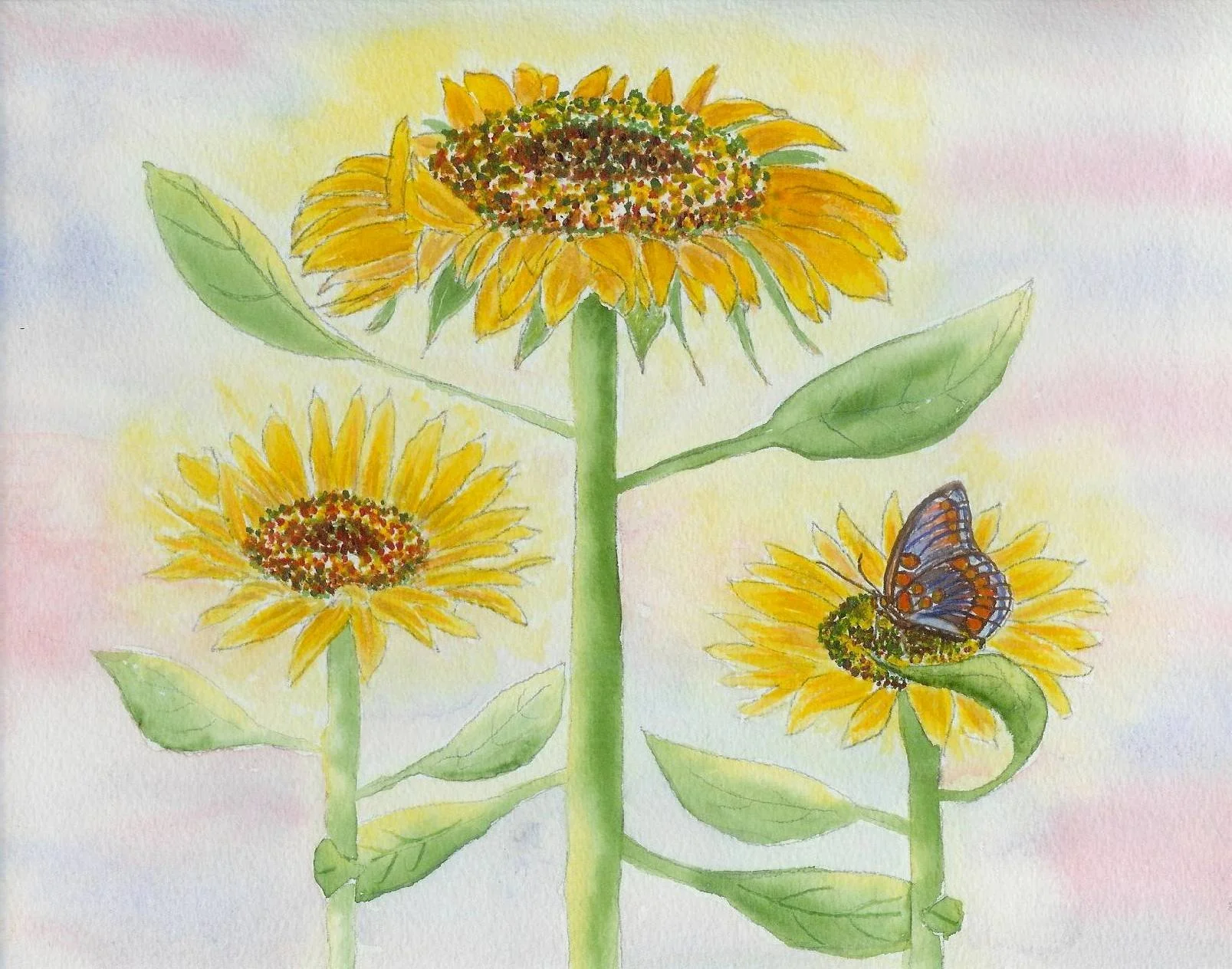 An illustration of 3 sunflowers with a butterfly perched on one.