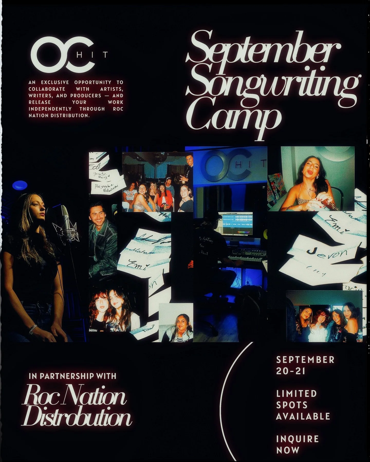 SEPTEMBER + SONGWRITING = &hearts;️

OC Hit x Roc Nation Distribution are teaming up for a weekend you won&rsquo;t forget. September 21-22 &rarr; a two-day songwriting camp packed with creativity, collaboration, and career-shifting energy.

The winni