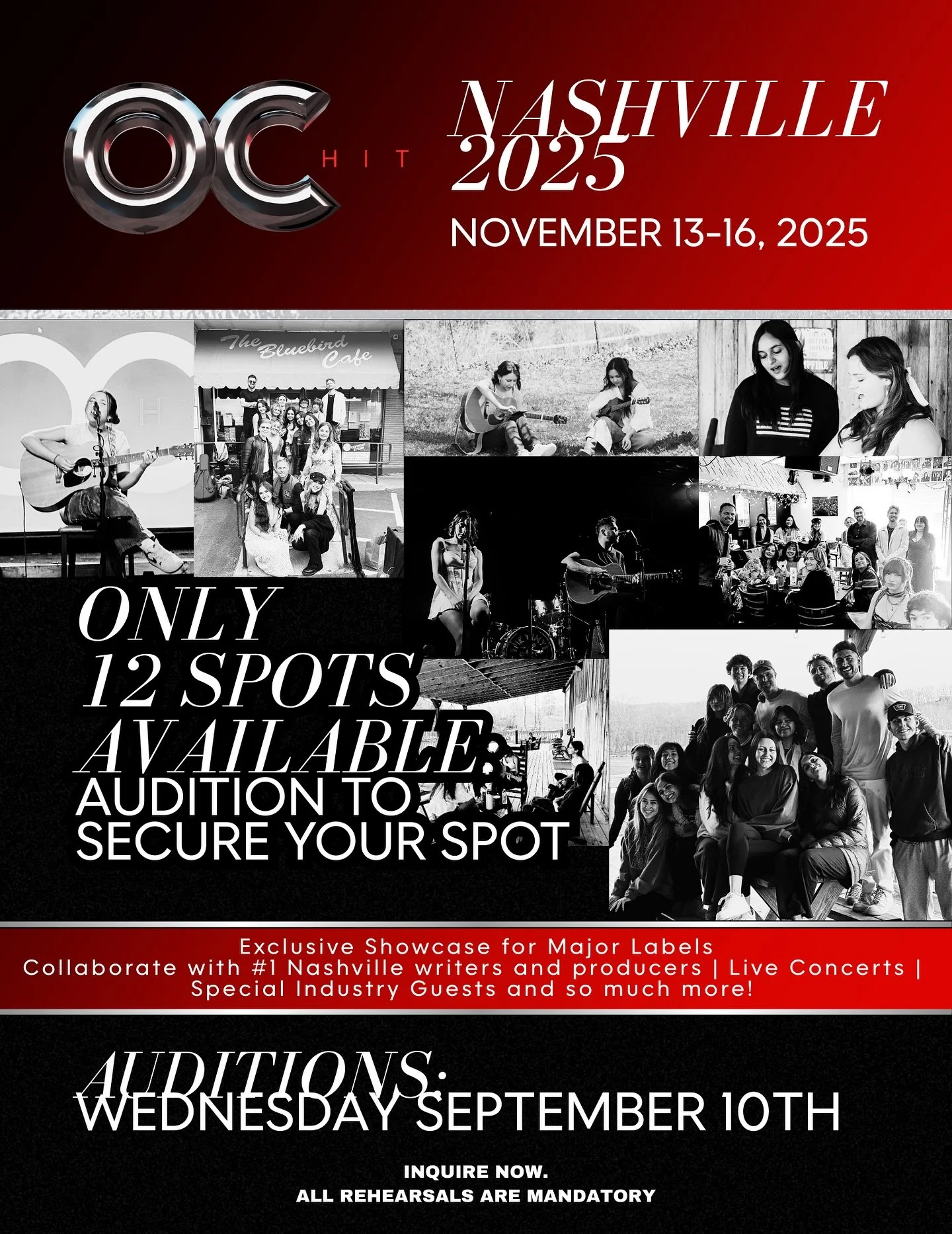 OC HIT x NASHVILLE 2025⭐️
we&rsquo;re kicking off the fall season with our FAVORITE company wide Nashville trip. 

AUDITIONS: WEDNESDAY SEPT 10 2025
📍OC HIT 
TRIP DATES: November 13-16th 

4 days in Music City. 
🎶Writing with Nashville&rsquo;s top 