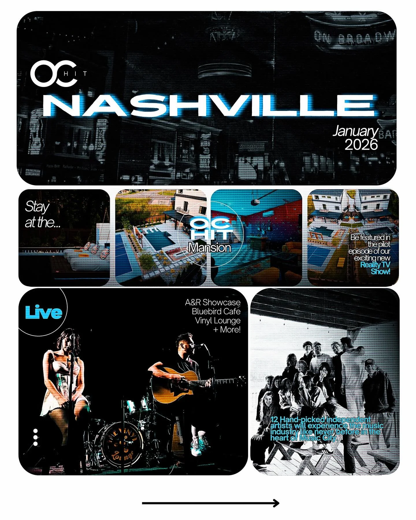 NASHVILLE &mdash; JANUARY 2026 ✨
OC HIT Entertainment is taking 12 handpicked independent artists to Nashville for an unforgettable week of A&amp;R connections, live performances, and a once-in-a-lifetime chance to be featured in the pilot episode of