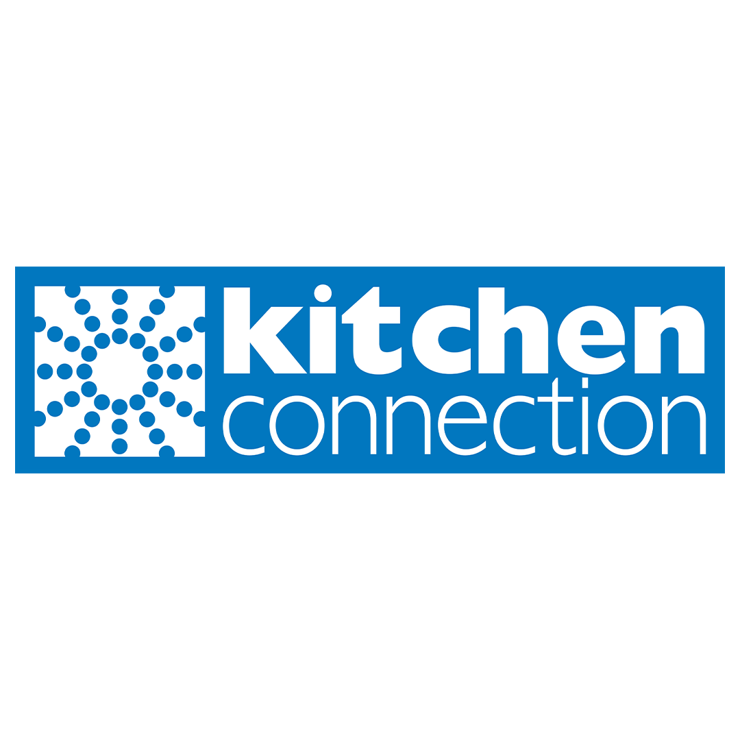 Logo for Kitchen Connection featuring a blue rectangular background, a white dotted circular graphic on the left, and the text 'kitchen connection' in white, with 'kitchen' in bold and 'connection' in lowercase.