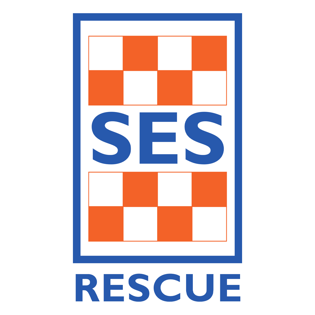 A vertical logo with a blue border, containing the words "SES Rescue" and a design of orange and white checkered squares.