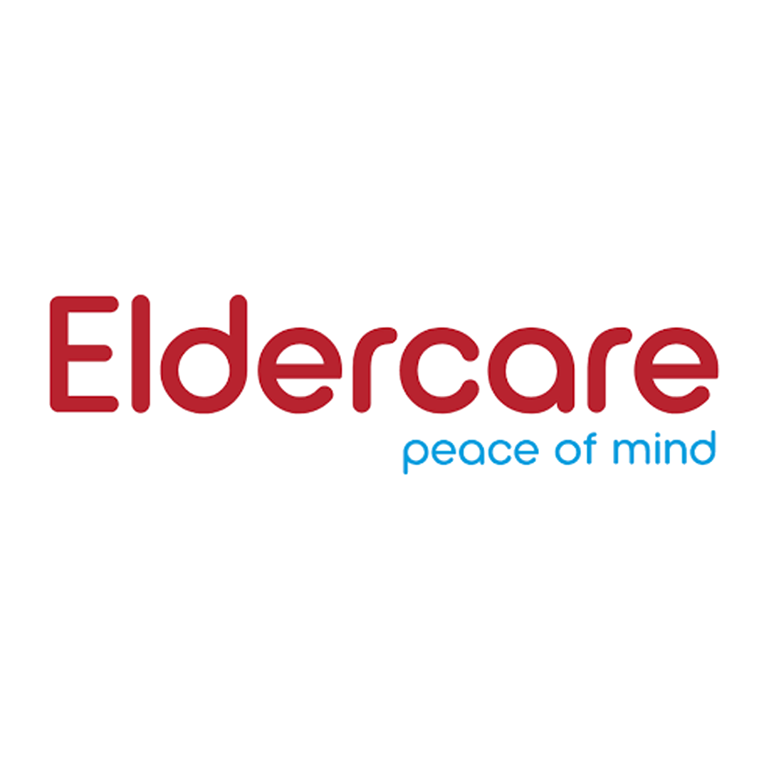 Logo for Eldercare with the tagline 'peace of mind' in blue text.