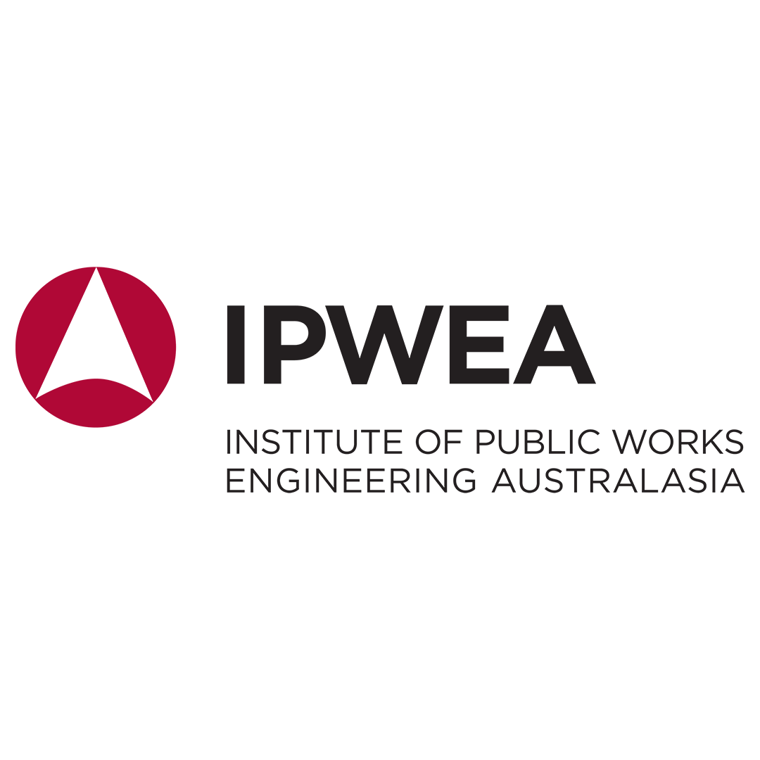 Logo of the Institute of Public Works Engineering Australasia (IPWEA) with a red circle and a black triangle, and text in black that reads 'IPWEA' and 'Institute of Public Works Engineering Australasia'.