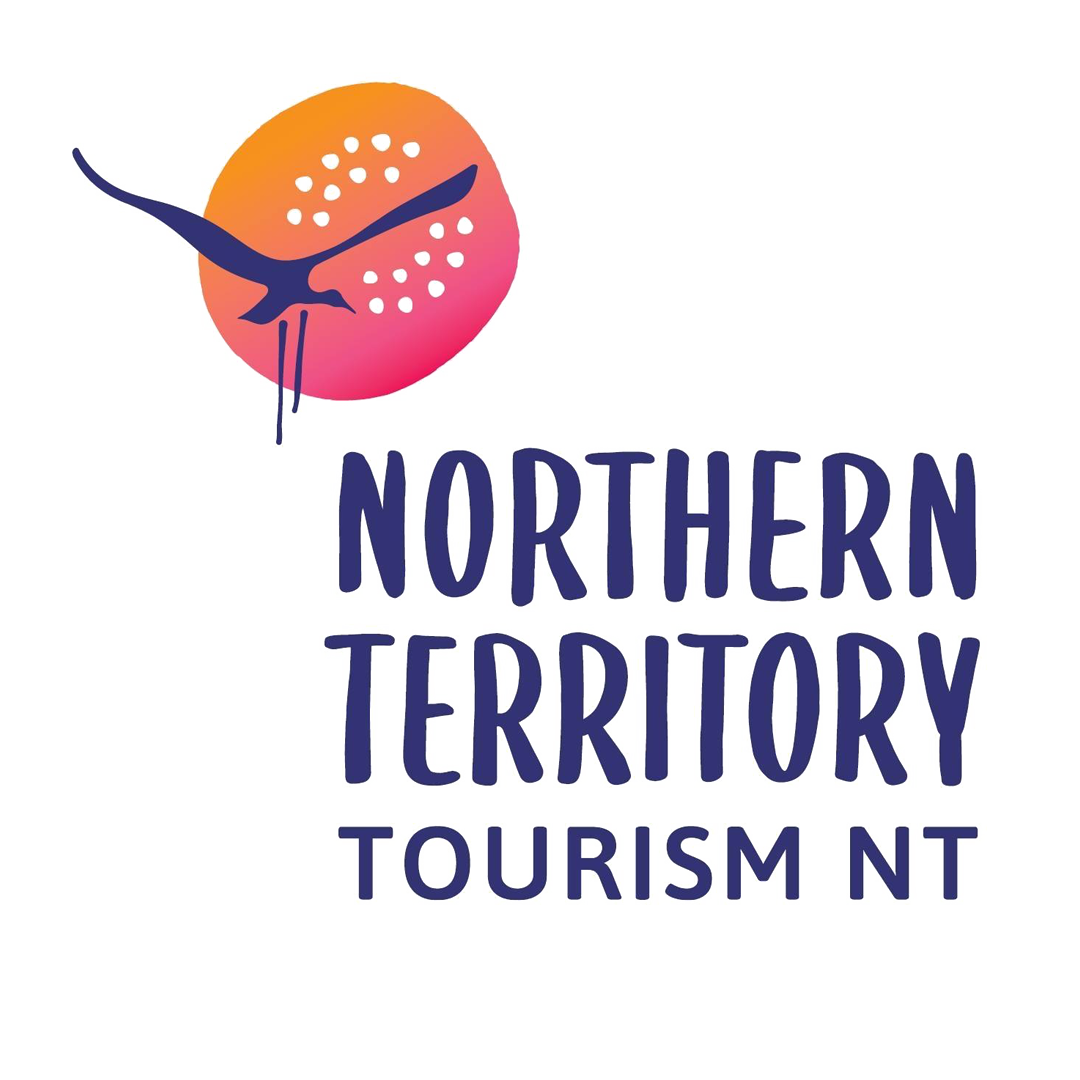 Logo for Northern Territory Tourism in Northern Territory, Australia, featuring a stylized bird soaring over a circular orange and pink background.