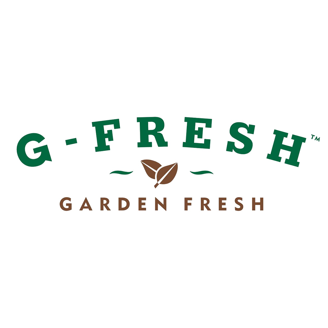 Logo for G-Fresh Garden Fresh featuring green text, a brown leaf icon, and a white background