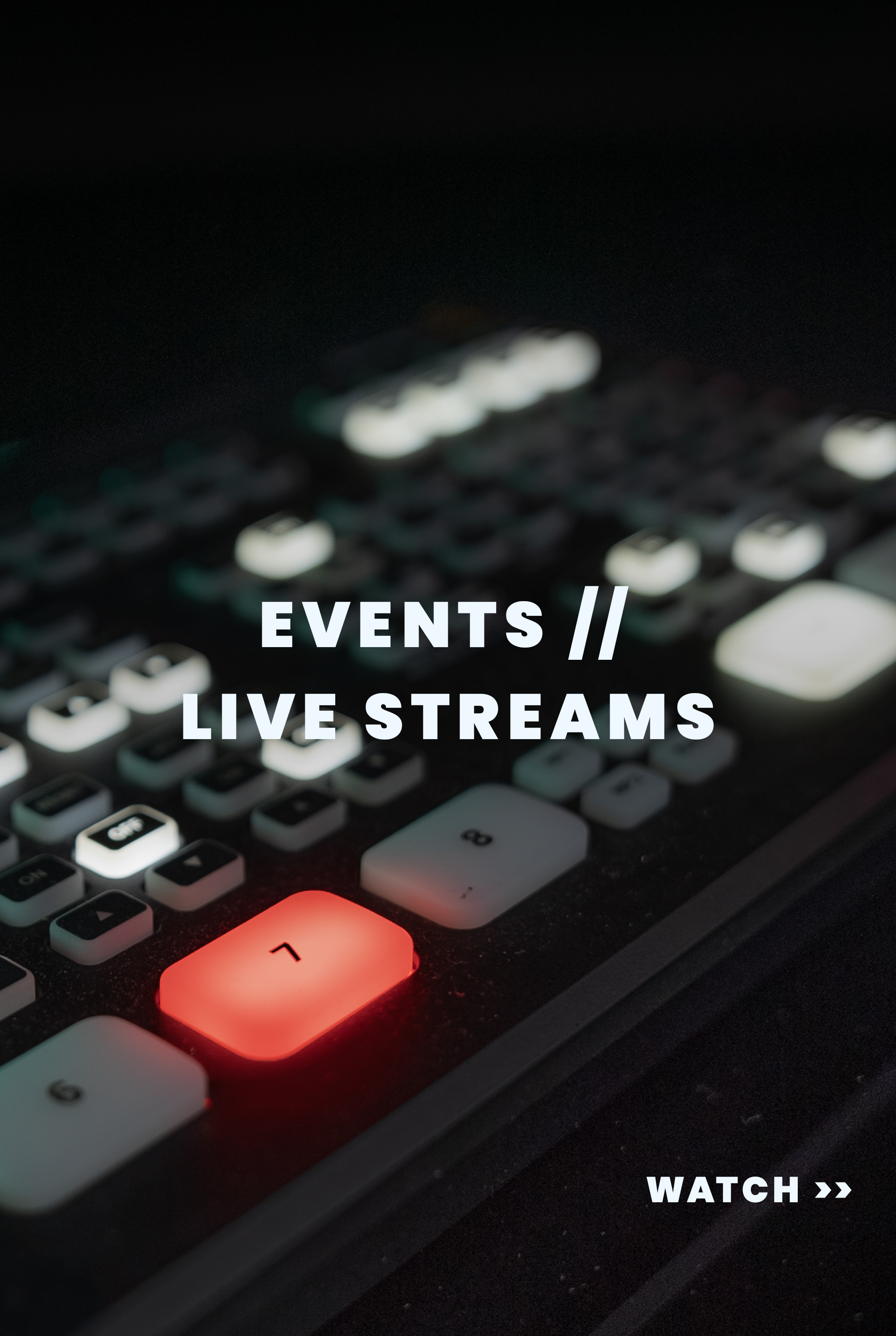 Close-up of a computer keyboard with illuminated keys, featuring a red '1' key, promoting events and live streams with a call to action to watch. Merlin live events and livestream playlist