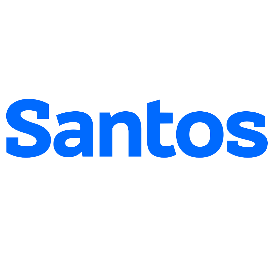 Santos logo in blue text on a black background