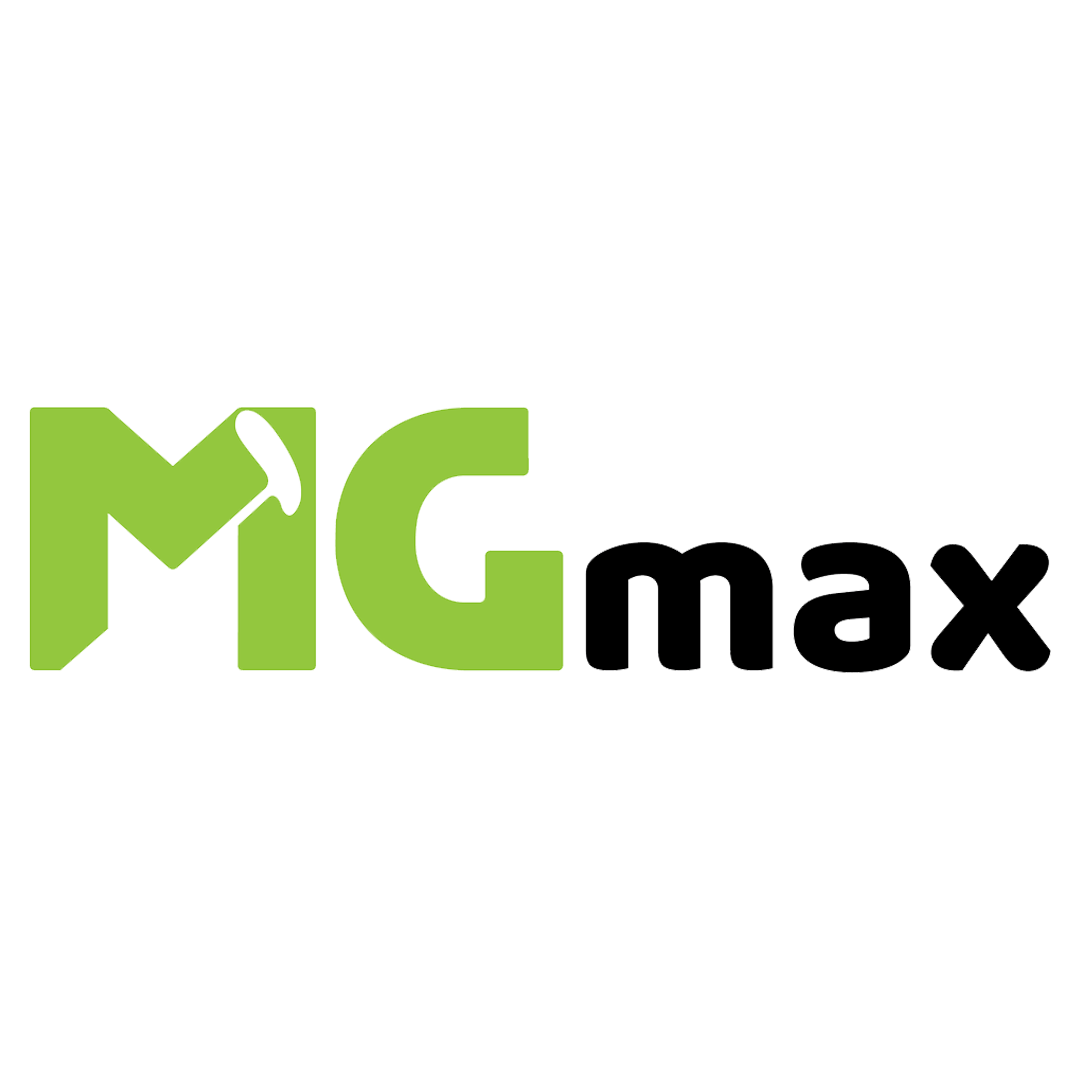Logo for MCmax with black text and green letters 'MC' featuring a small black golf club. Black text 'max' follows the green 'MC'.