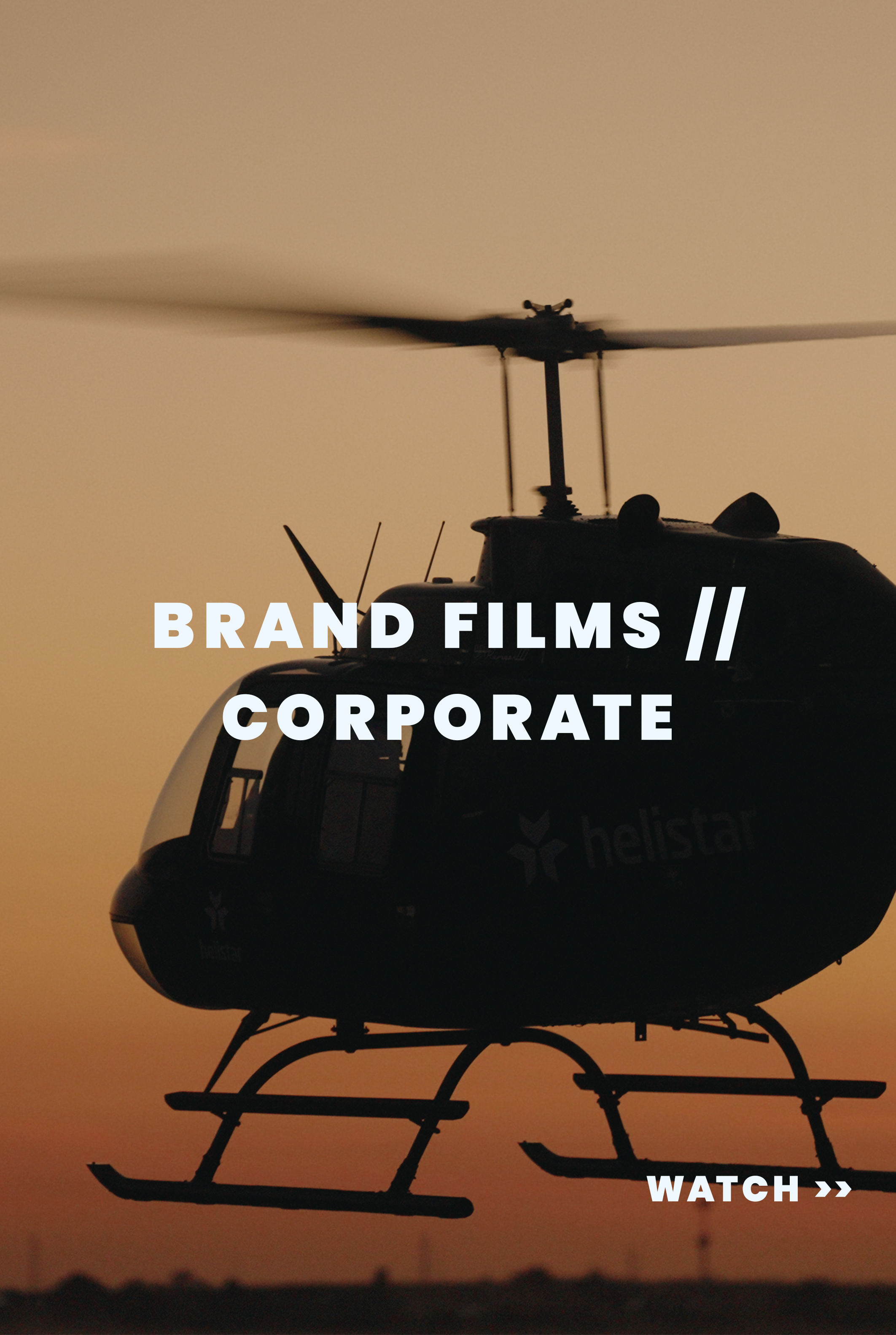 Silhouette of a helicopter flying at sunset with overlaid text that reads 'Brand Films // Corporate' and a 'Watch' button. Merlin branded ads and corporate videos playlist