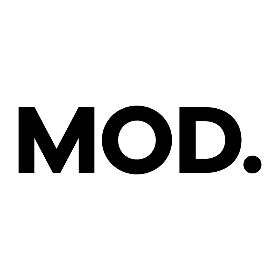 Black background with the word 'MOD.' in large, outlined white letters.