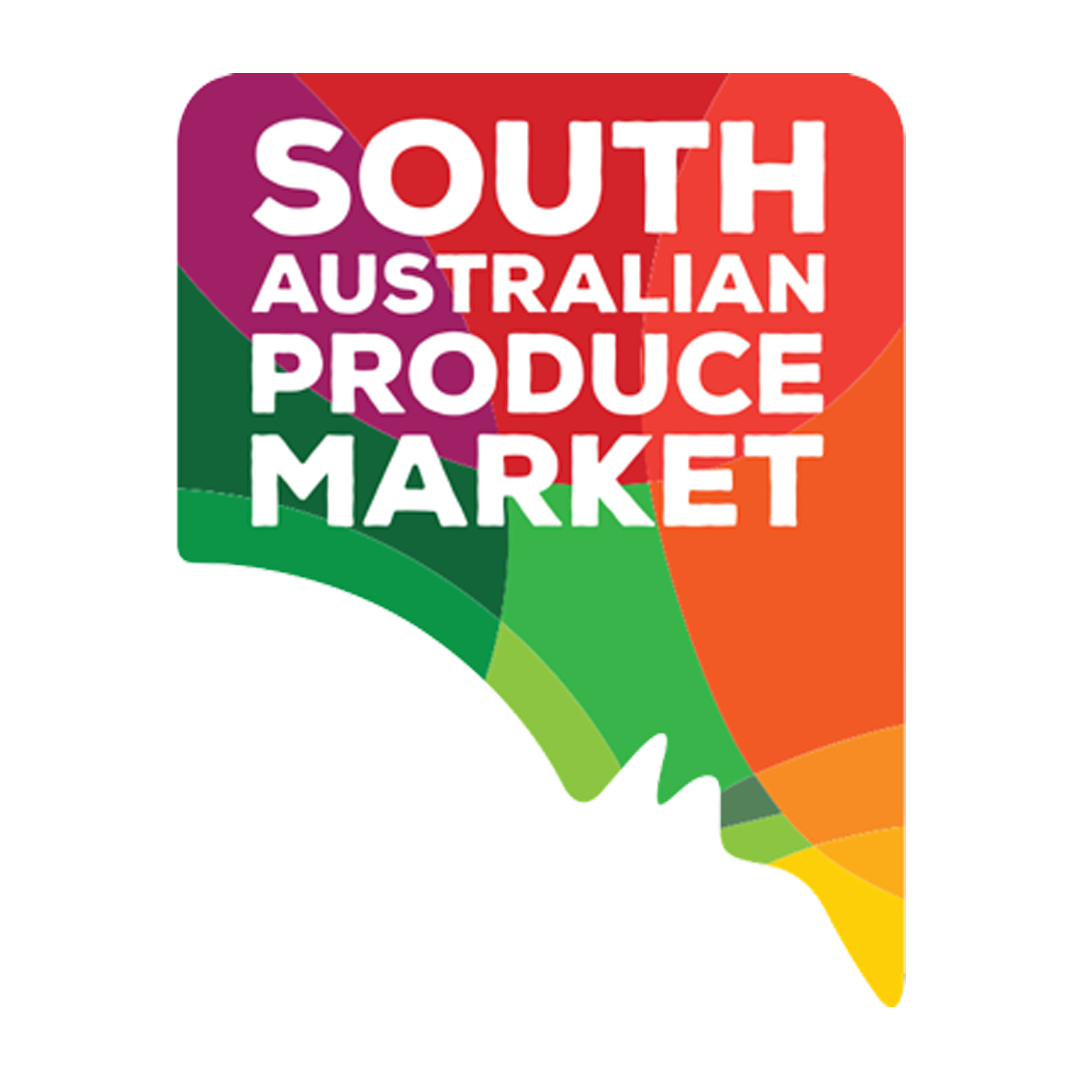 Colorful logo with overlapping shapes and the text 'South Australian Produce Market' in bold white letters.