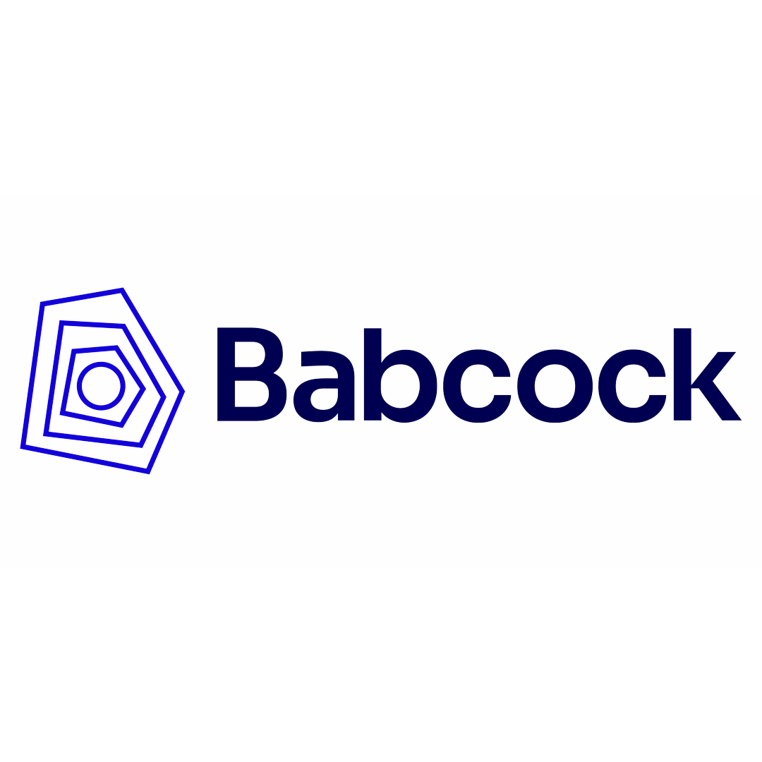 Logo featuring a blue concentric pentagon with a circle inside and the word "Babcock" in bold navy blue letters.