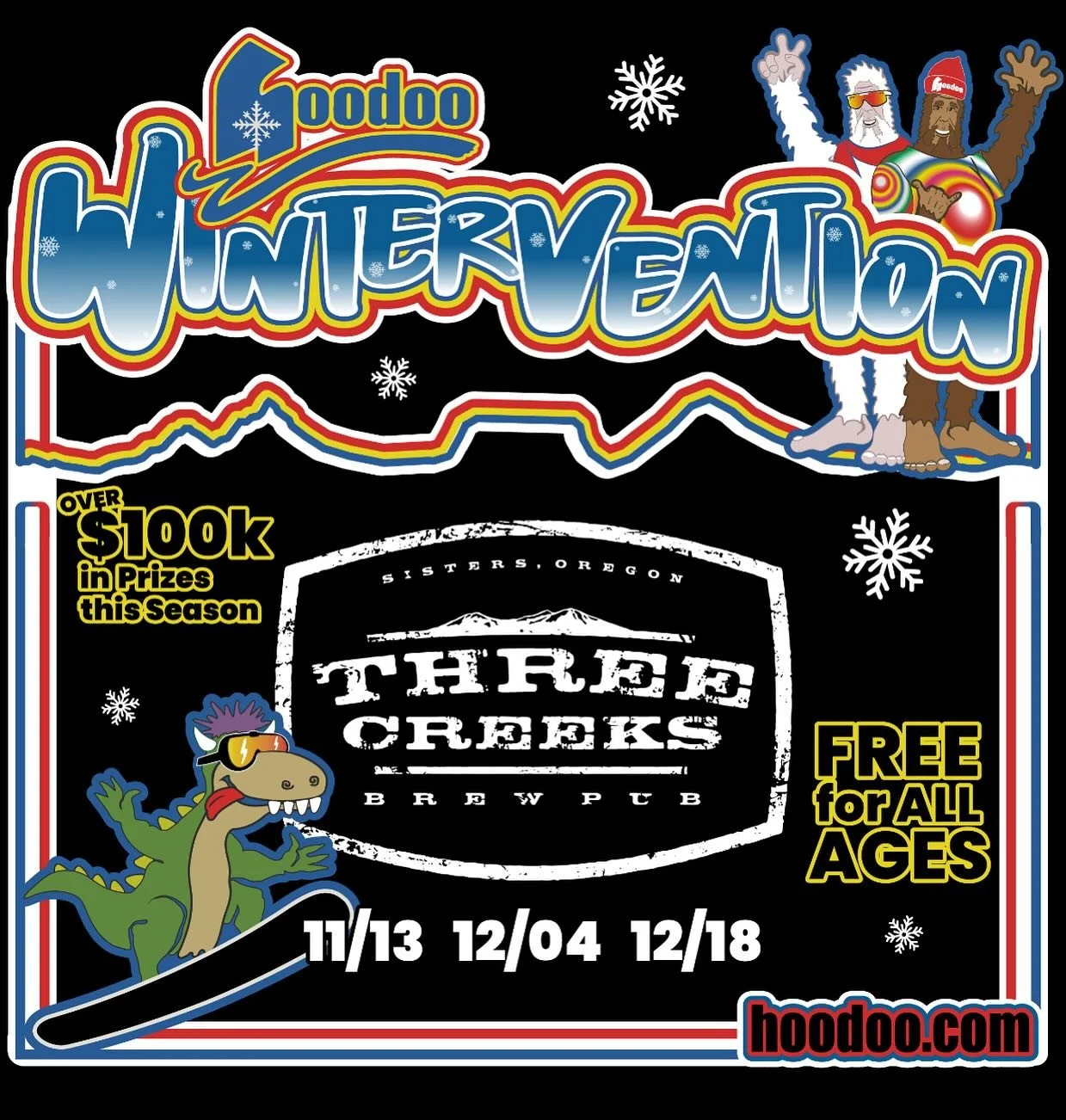 It&rsquo;s time to Pray for Snow friends! Once again Wintervention is kicking off at Three Creeks. Come on down next Thursday from 6-8 pm, grab a bite and a brew, and get ready to win prizes and grab some swag!
Cheers 🍻❄️⛷️🏂❄️