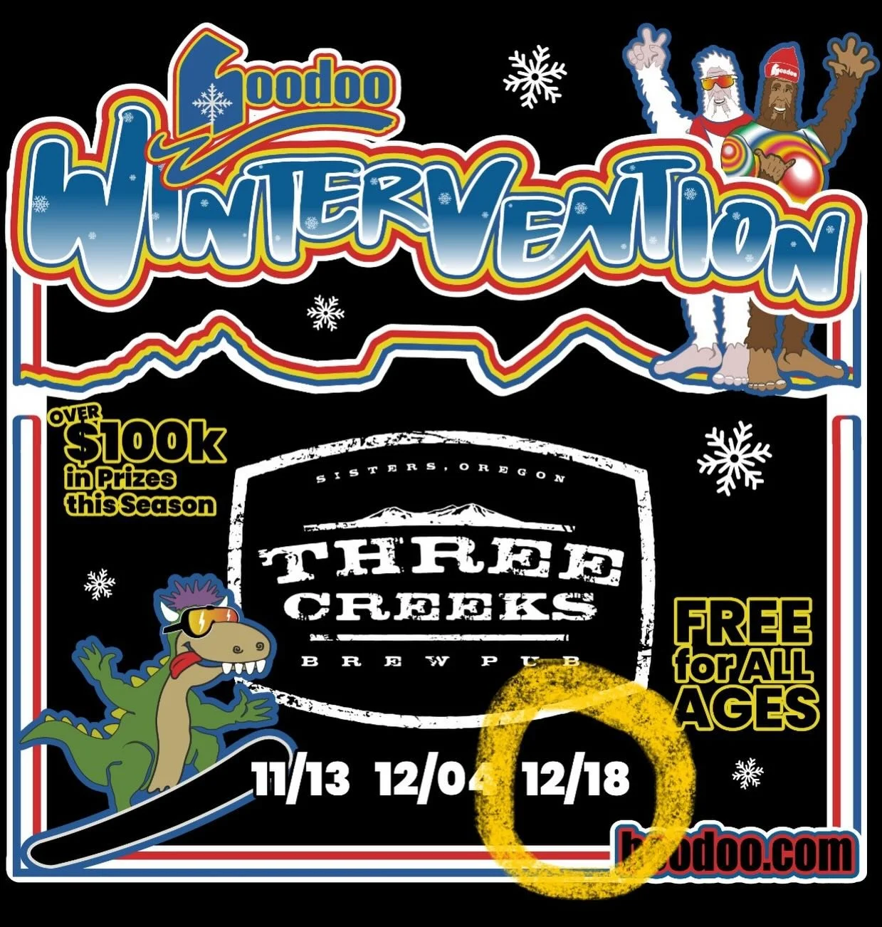 Third times a charm? ❄️❄️❄️🤞🏼🙏🏼
All right friends, it&rsquo;s REALLY time to get those snow dances going!
Come join us tomorrow night from 6-8 pm for the final Wintervention at Three Creeks. Grab a bite and a brew and sign up to win some fantasti