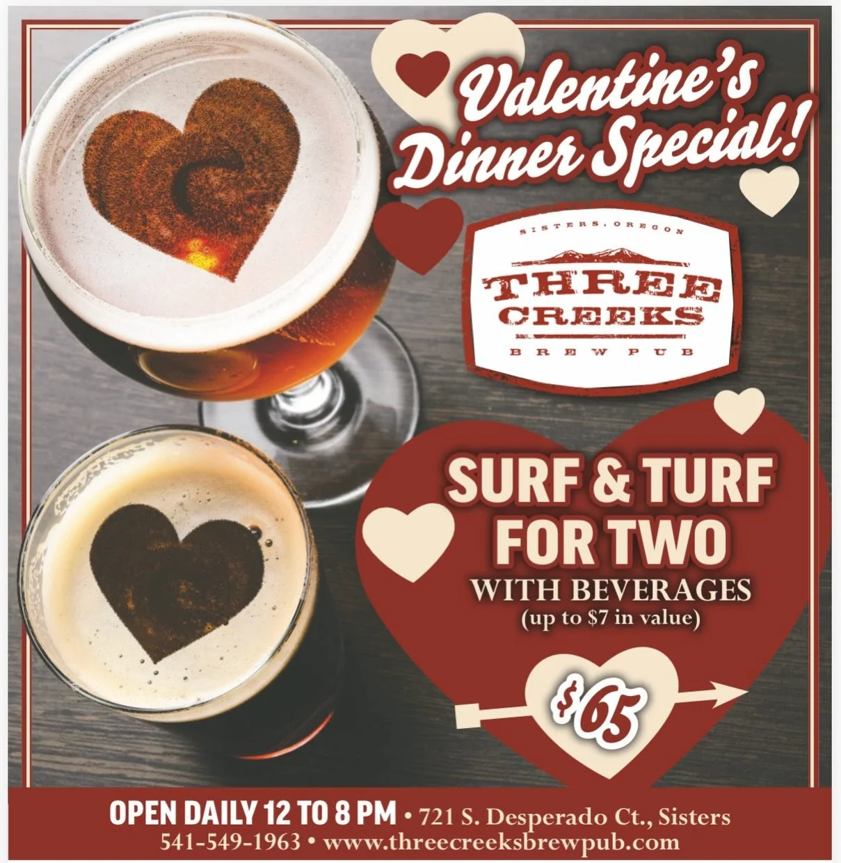 Making plans for Valentine&rsquo;s Day? Come celebrate at Three Creeks 💕🌹🕯️
No reservations required, serving from 4-8 pm.
Cheers to love 🍻🥂