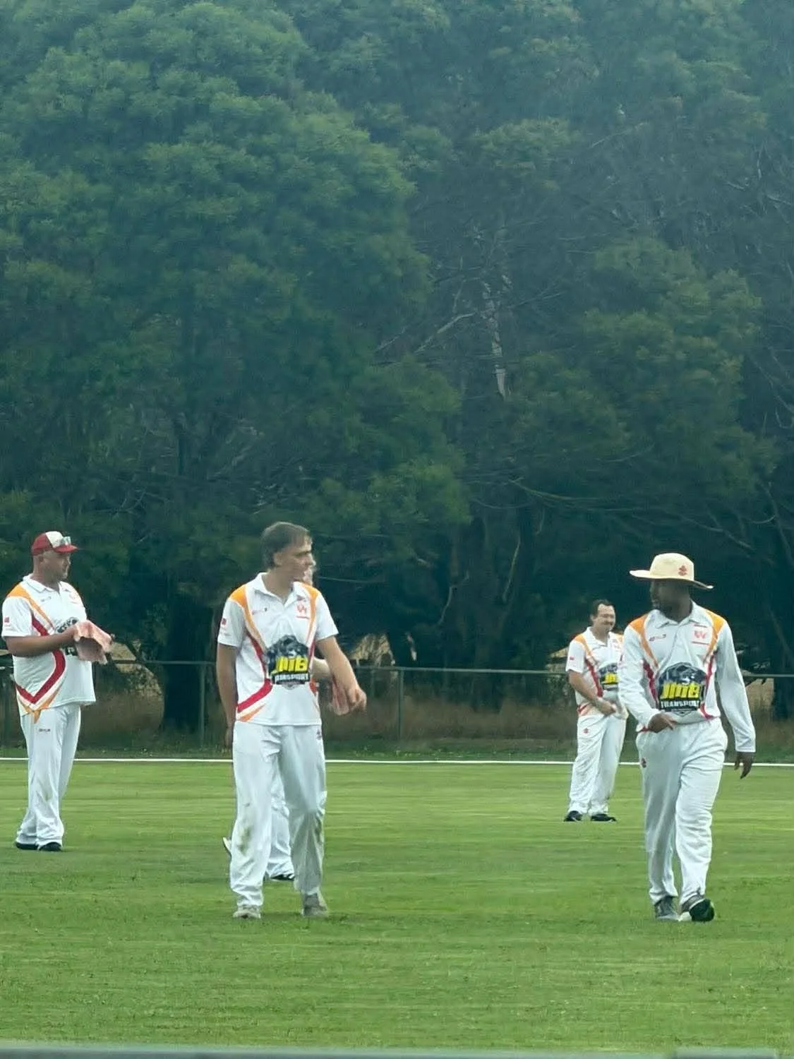 Cricket players in white uniforms practicing on a field with green grass and trees in the background.