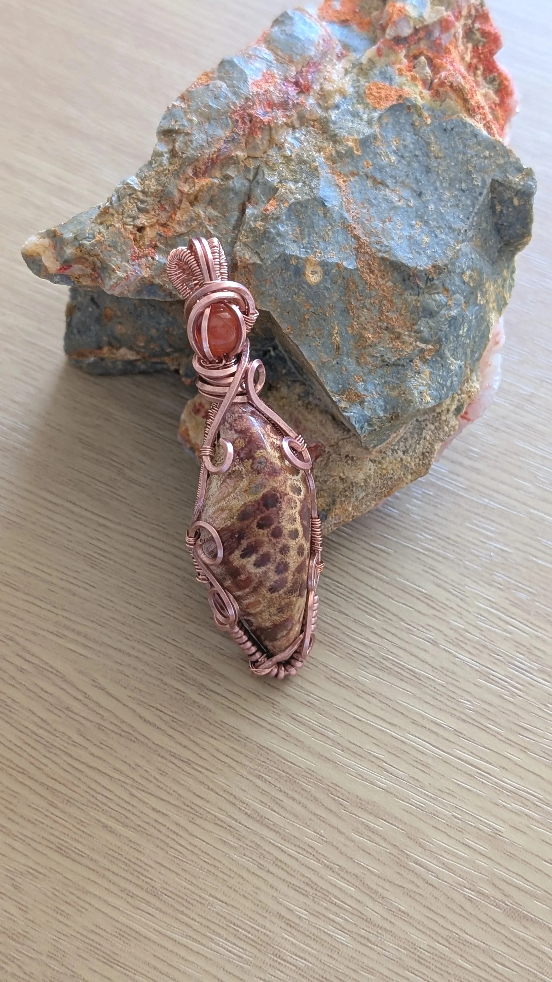 Fossilised Red Coral Pendant with Amber and Tarnish Resistant Copper Wire