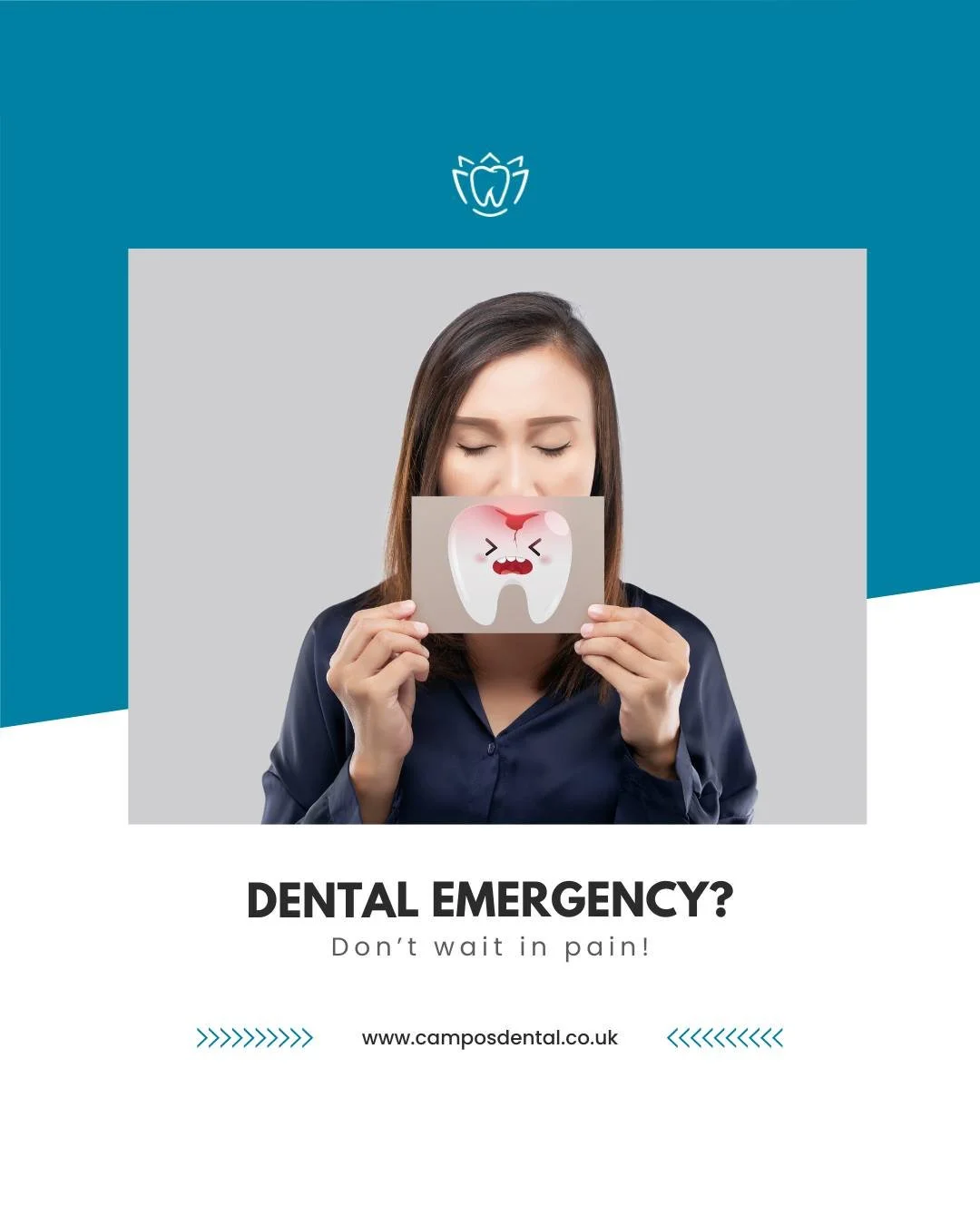 At Campos Dental, we offer same-day emergency appointments to get you the urgent care you need - fast and hassle-free.

Common dental emergencies include:
&bull; Severe toothache or infection 
&bull; Knocked-out or broken teeth 
&bull; Loose or broke