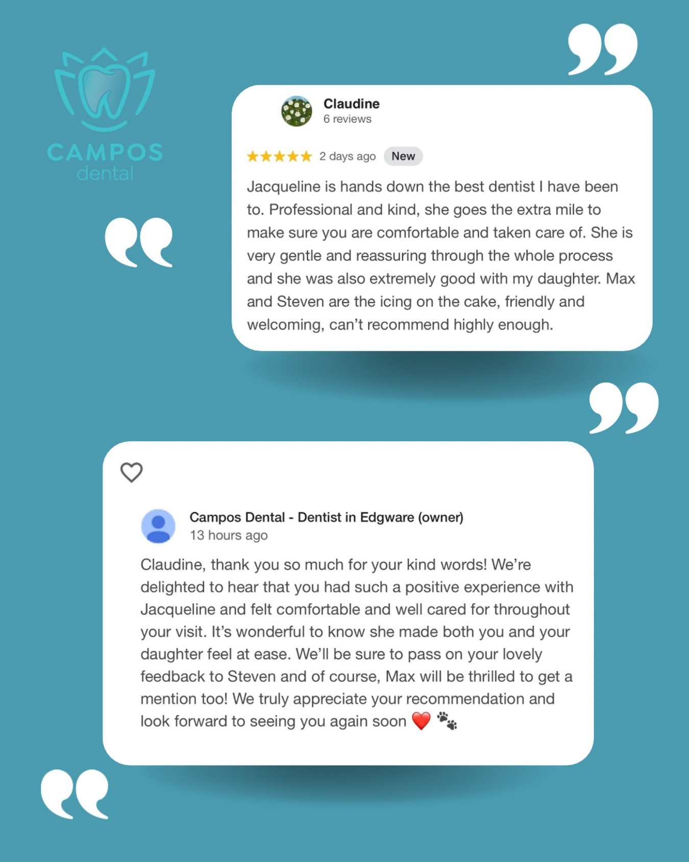At Campos Dental, we strive to provide a gentle and reassuring experience for the whole family.

Thank you, Claudine, for choosing us for your family&rsquo;s dental care and for recommending us to the Edgware community. 💙

#edgware #edgwaredentist #