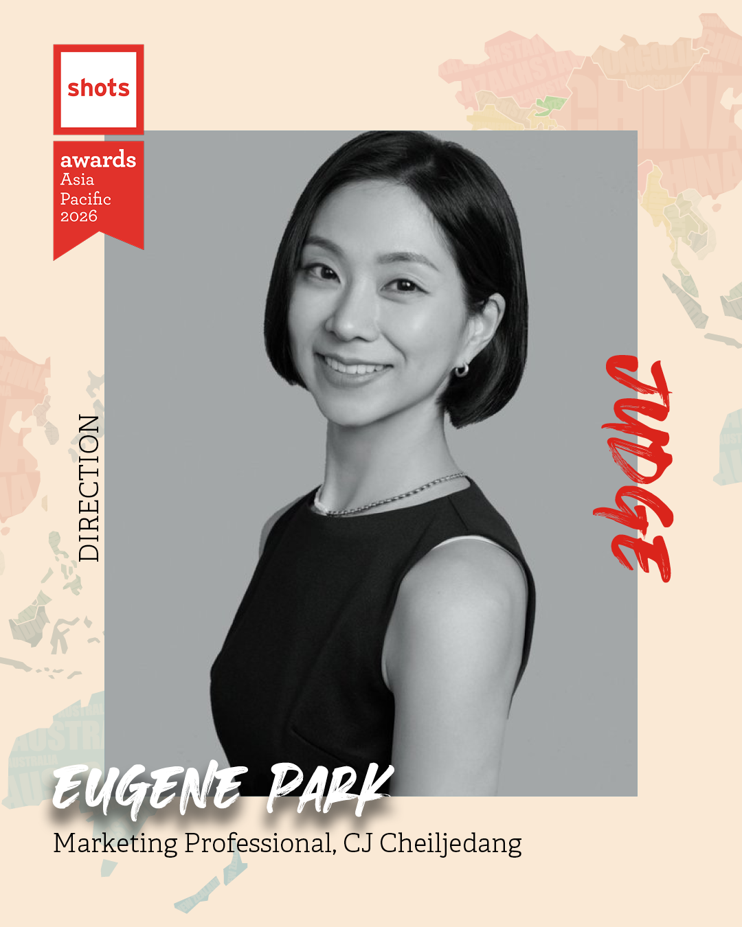 Black and white photo of Eugene Park, a smiling Asian woman with short black hair, wearing a sleeveless black top, a necklace, and earrings, on a campaign poster for the Shots awards 2026, Asia Pacific.