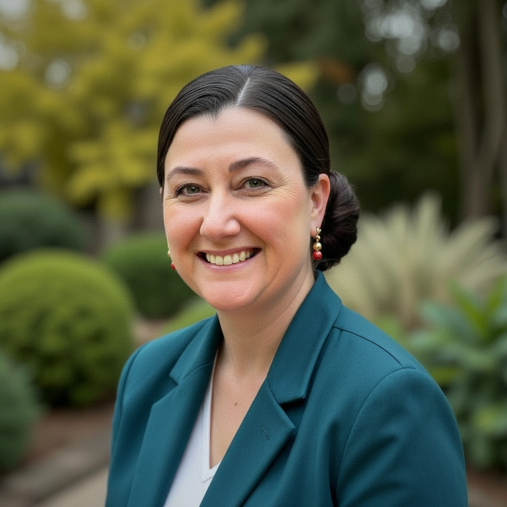 A woman with dark hair styled in a bun, smiling outdoors, wearing a teal blazer and colorful earrings, with a blurred green garden background.