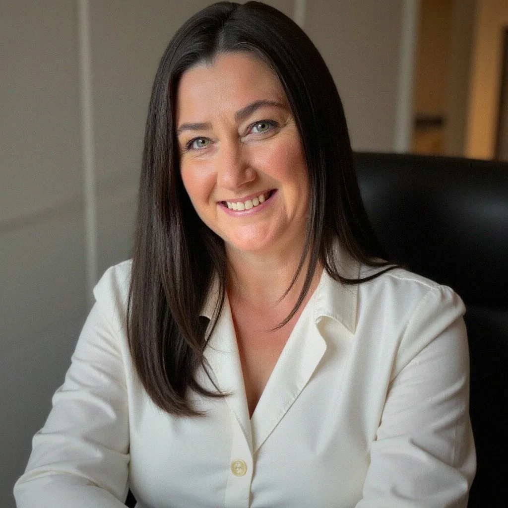 A woman with straight black hair, blue eyes, and fair skin, smiling, wearing a white shirt, sitting on a black chair in an indoor setting.