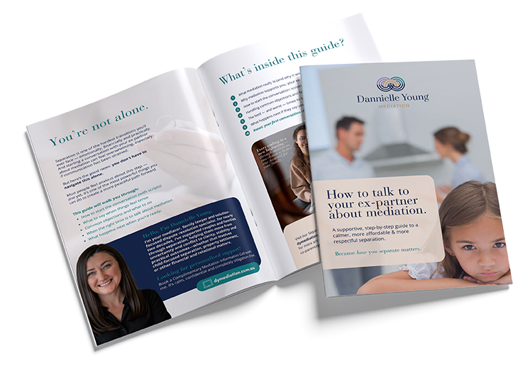 Open brochure and information guide about communication with ex-partners, featuring a smiling woman, a couple talking, and a young girl on the cover.