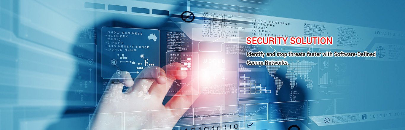 Digital interface with data visualizations, maps, and text about security solutions for networks and cybersecurity.