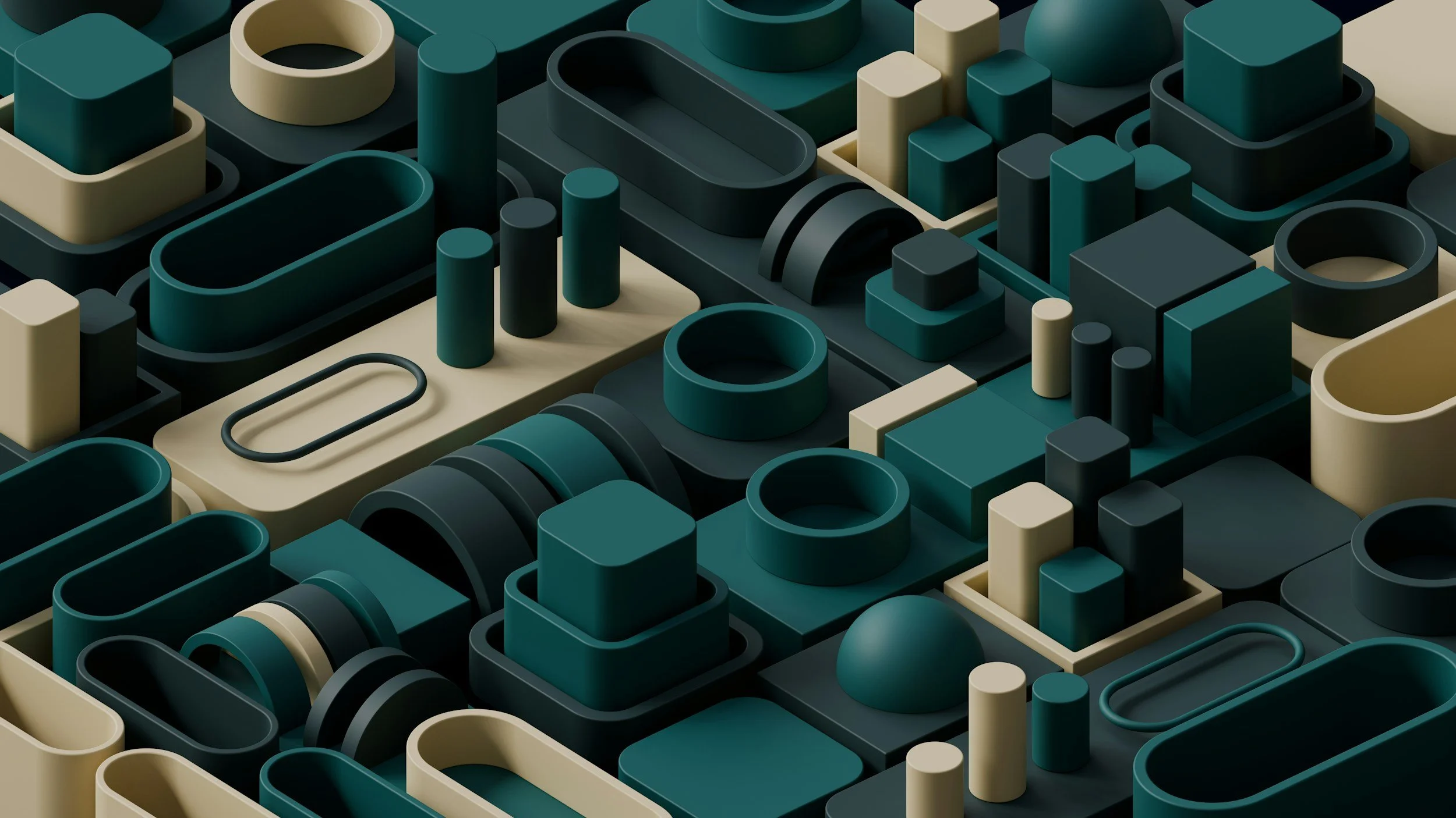 A 3D abstract composition of various geometric shapes including rectangles, cylinders, and spheres in shades of teal, black, beige, and cream.