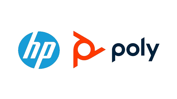 Digital illustration of the HP logo and the word 'poly' with geometric, colorful design elements.