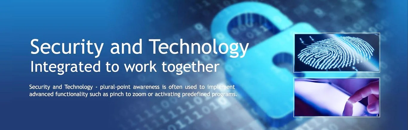A digital graphic with a blue background showing a padlock, fingerprint, and a person using a fingerprint scanner, symbolizing security and technology integration.