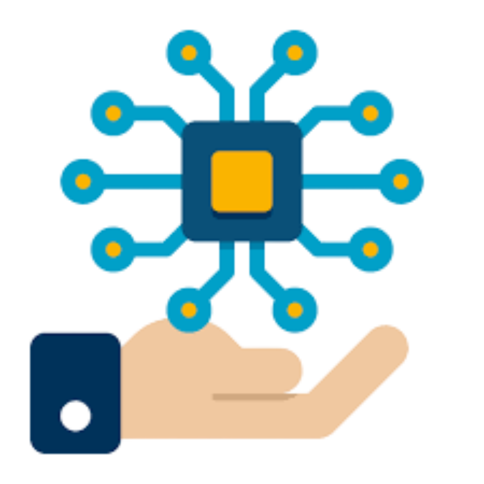 A hand holding a microchip with blue circuit lines radiating from it, symbolizing technology or artificial intelligence.