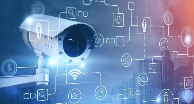 Security camera with digital network icons overlay, cityscape in background.