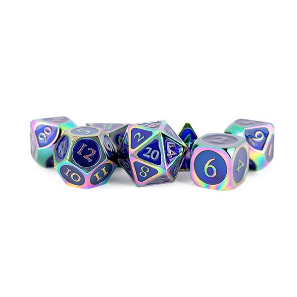 Fanroll 16mm Metal Polyhedral Dice Set - Rainbow with Blue Enamel