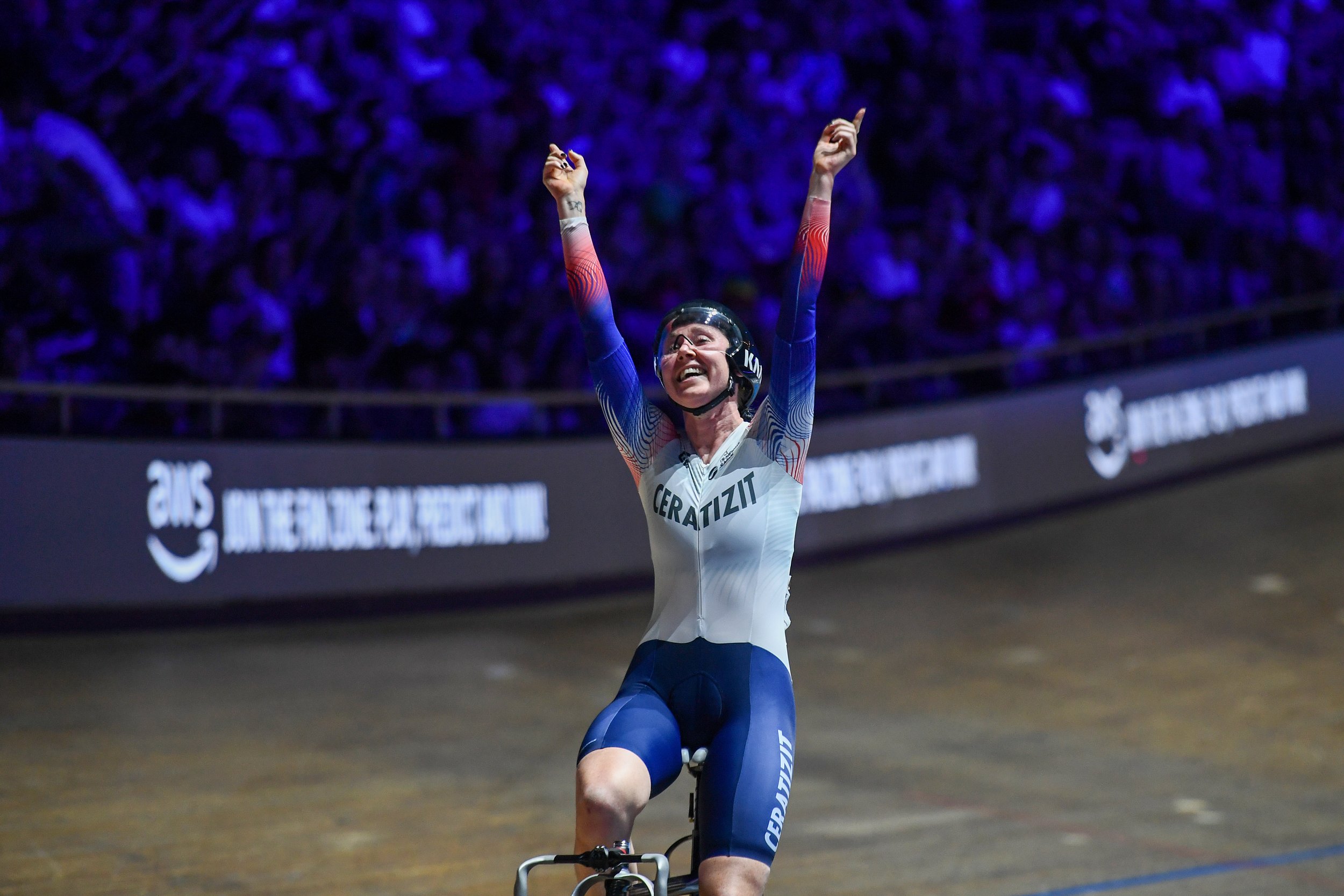 Katie Archibald celebrating a win during the UCI Track Champions League.