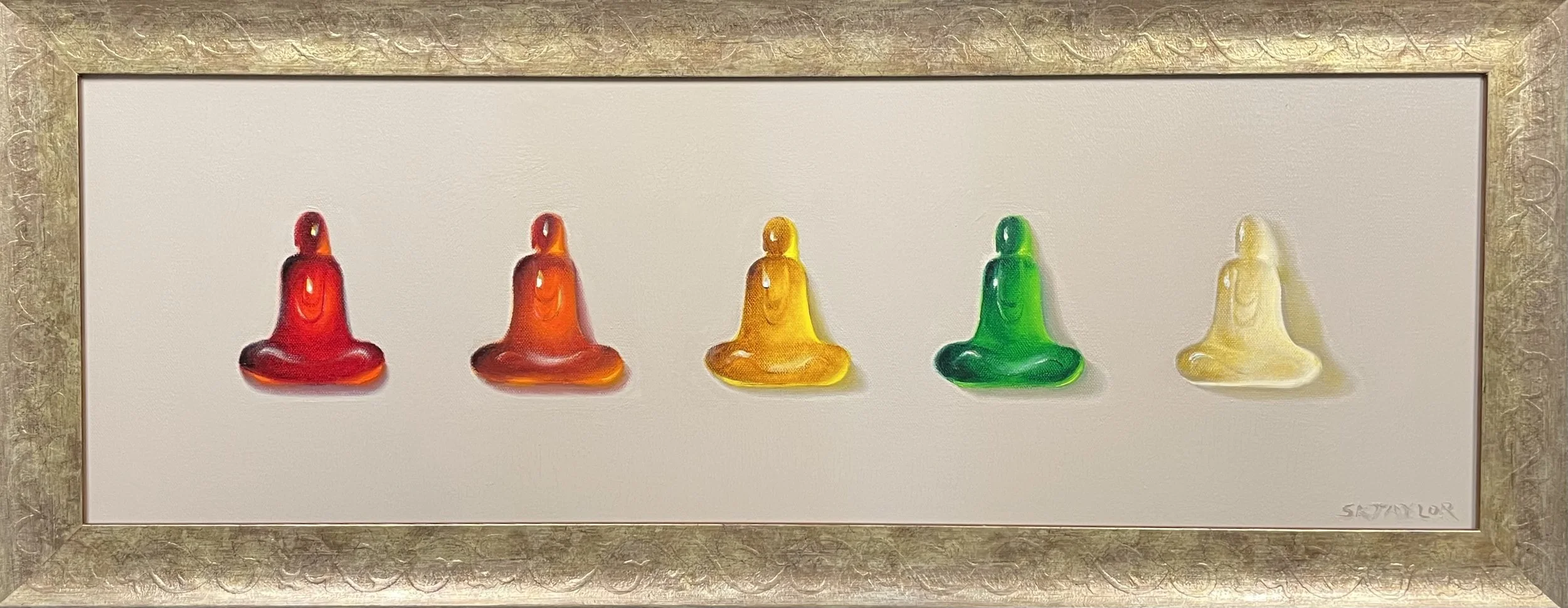 Gummy Buddhas | oil on canvas | 34 x 14 (framed) | SOLD